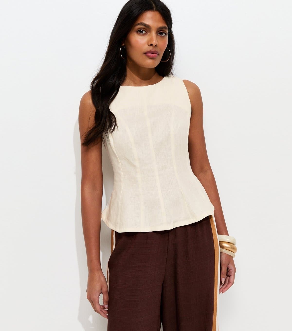 New Look Women's Off White Linen Blend Peplum Top New Look