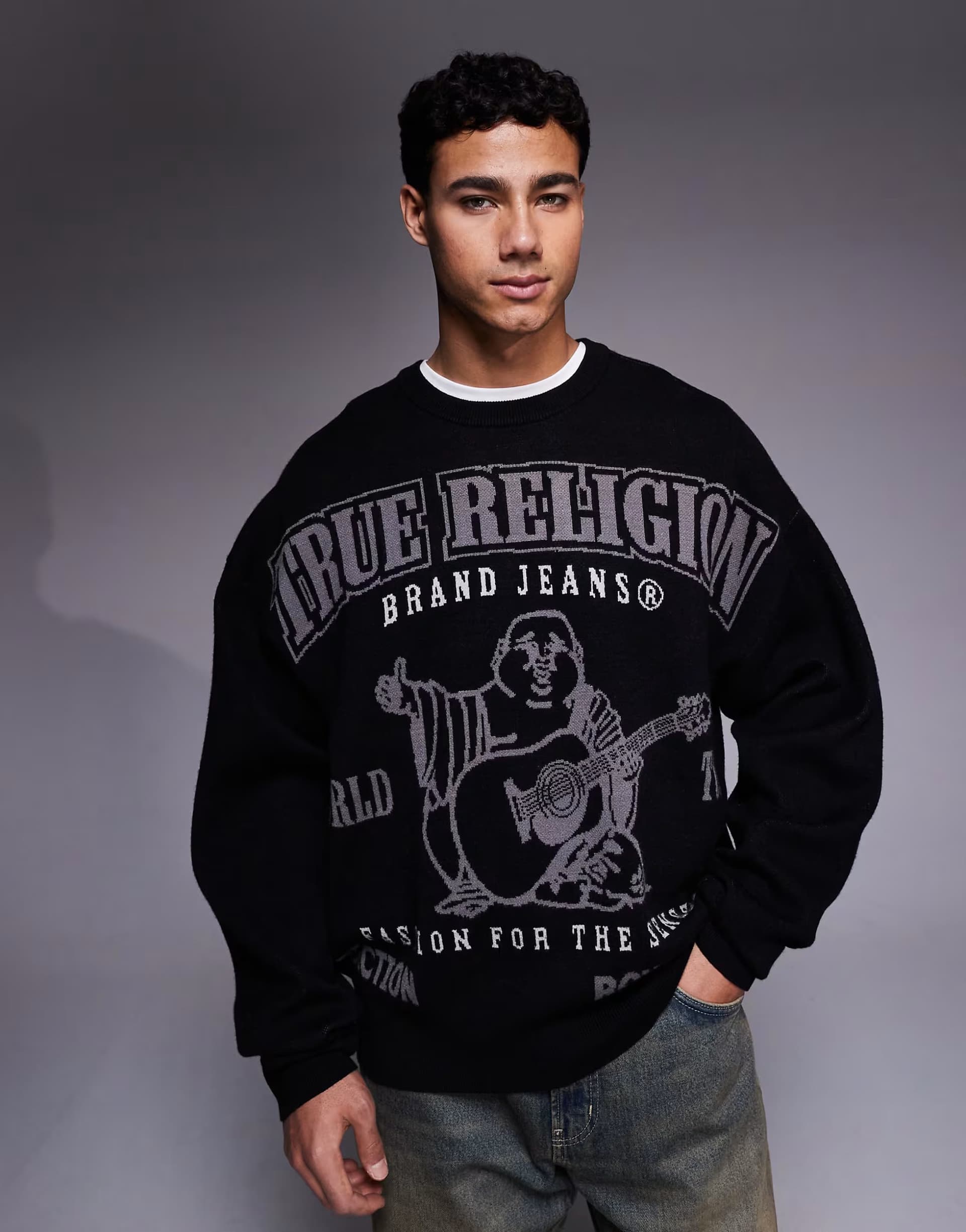 ASOS True Religion graphic logo cinched knit jumper in black