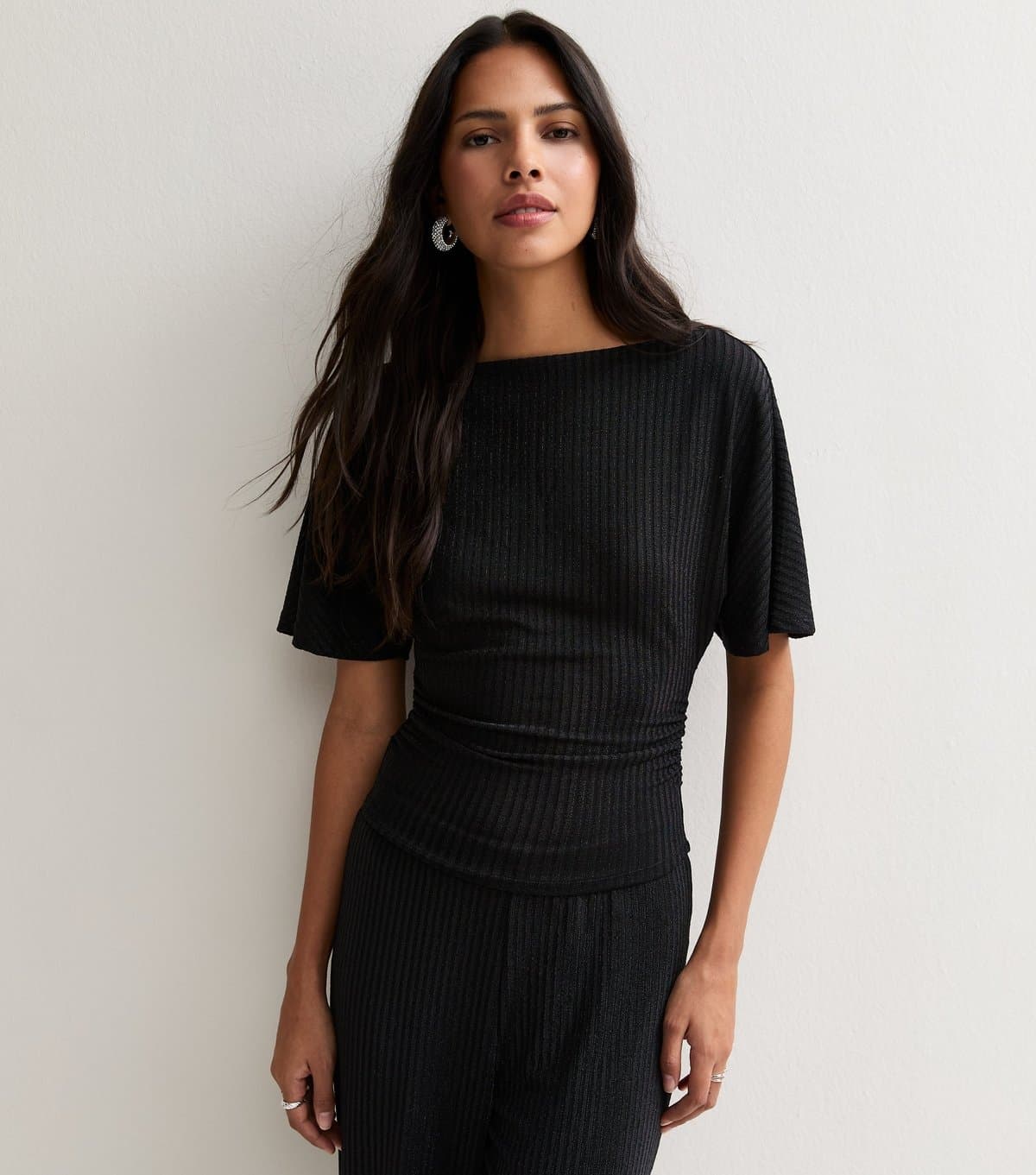 Unknown Women's Black Jersey Metallic Stripe Rib Corset Waist T-Shirt New Look