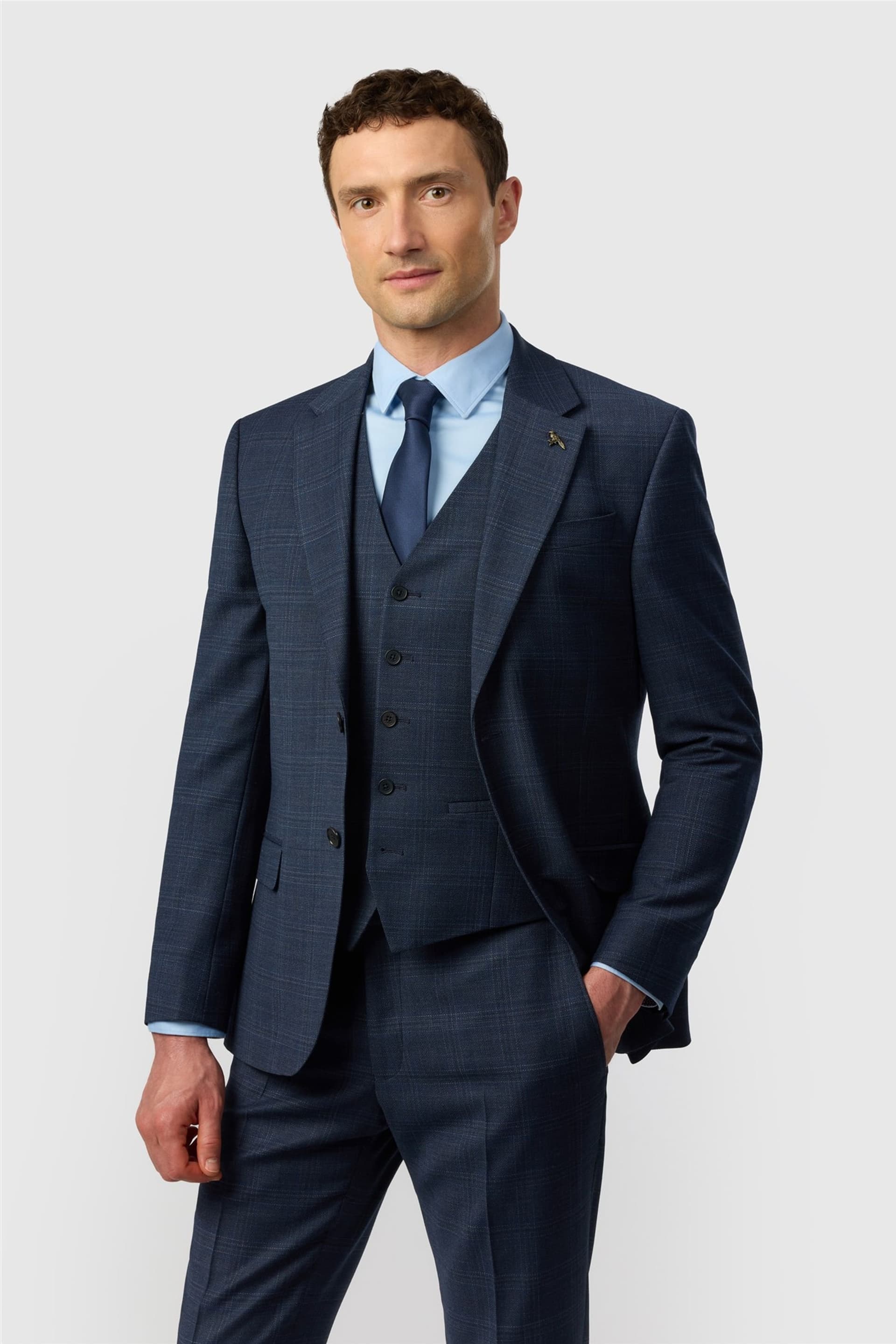 Ted Baker Ted Baker Men's Single Breasted Two Button Checked Slim Fit Suit Jacket in Dark Blue