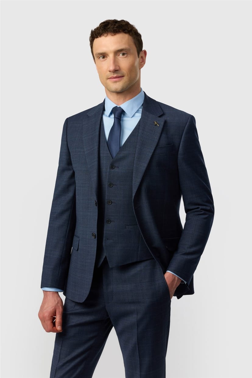 Ted Baker Ted Baker Men's Single Breasted Two Button Checked Slim Fit Suit Jacket in Dark Blue - 1