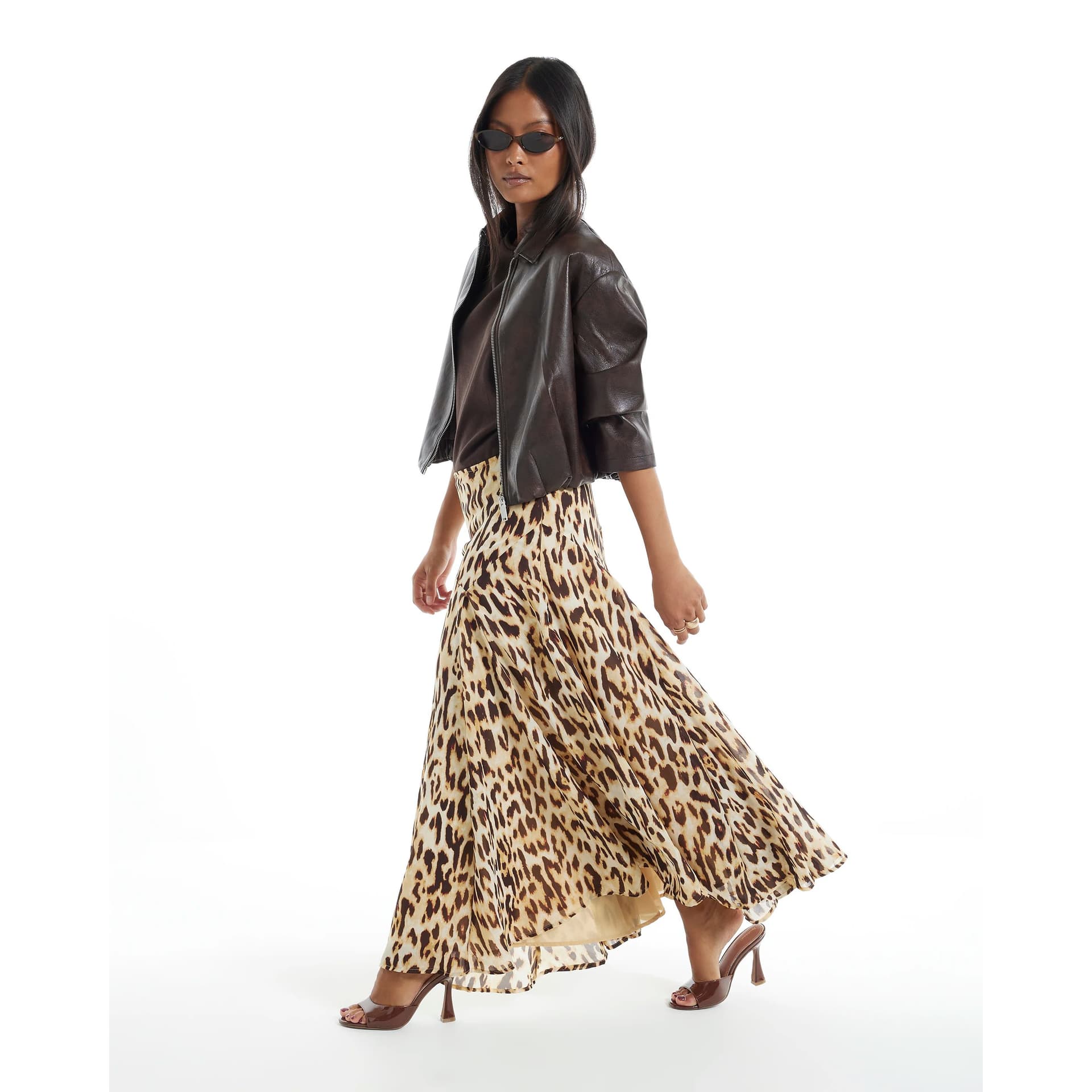River Island River Island Womens Petite Brown Leopard Print Godet Midi Skirt