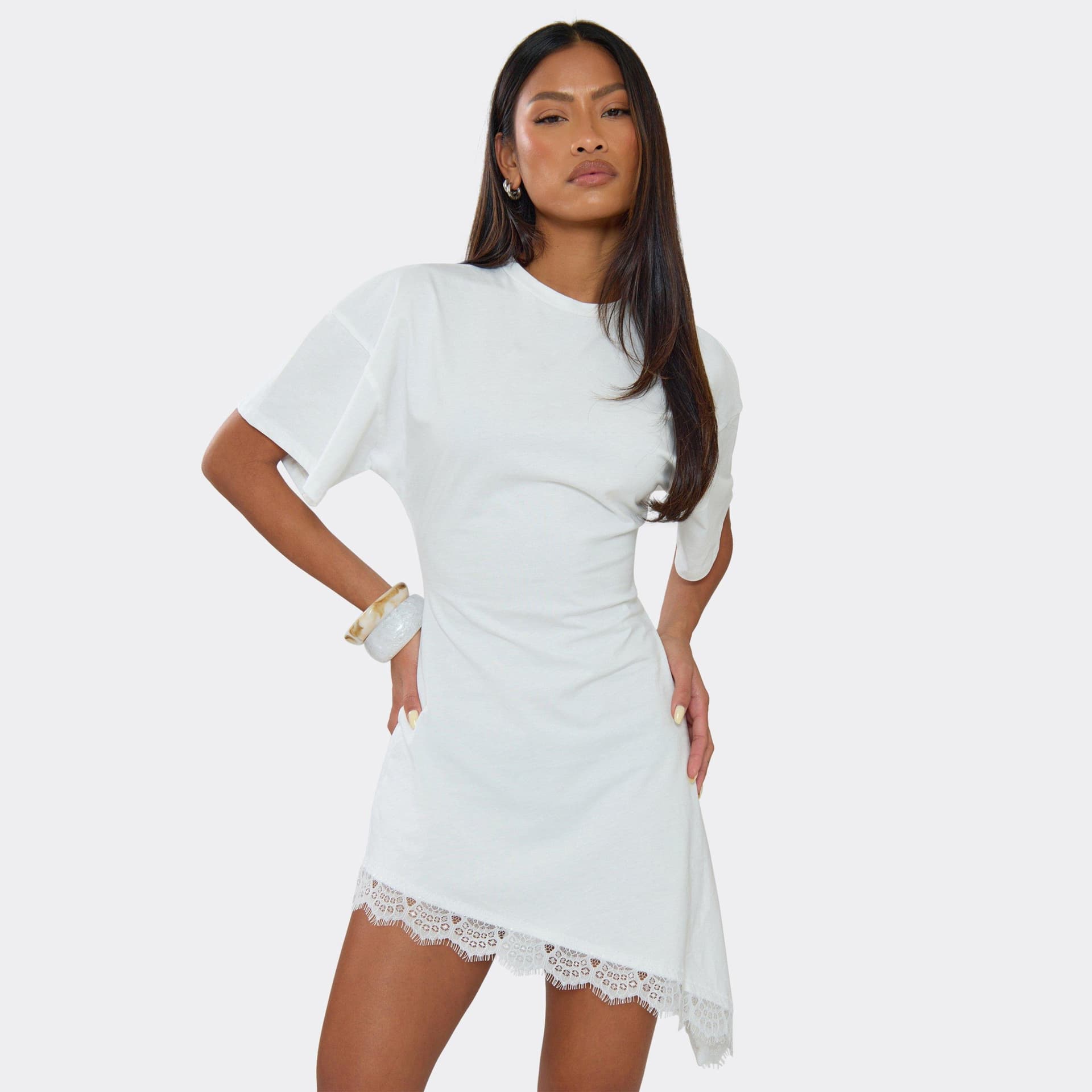 EGO Short Sleeve Cinched Waist Asymmetric Lace Hem T-Shirt Dress In White, Women's Size UK 6