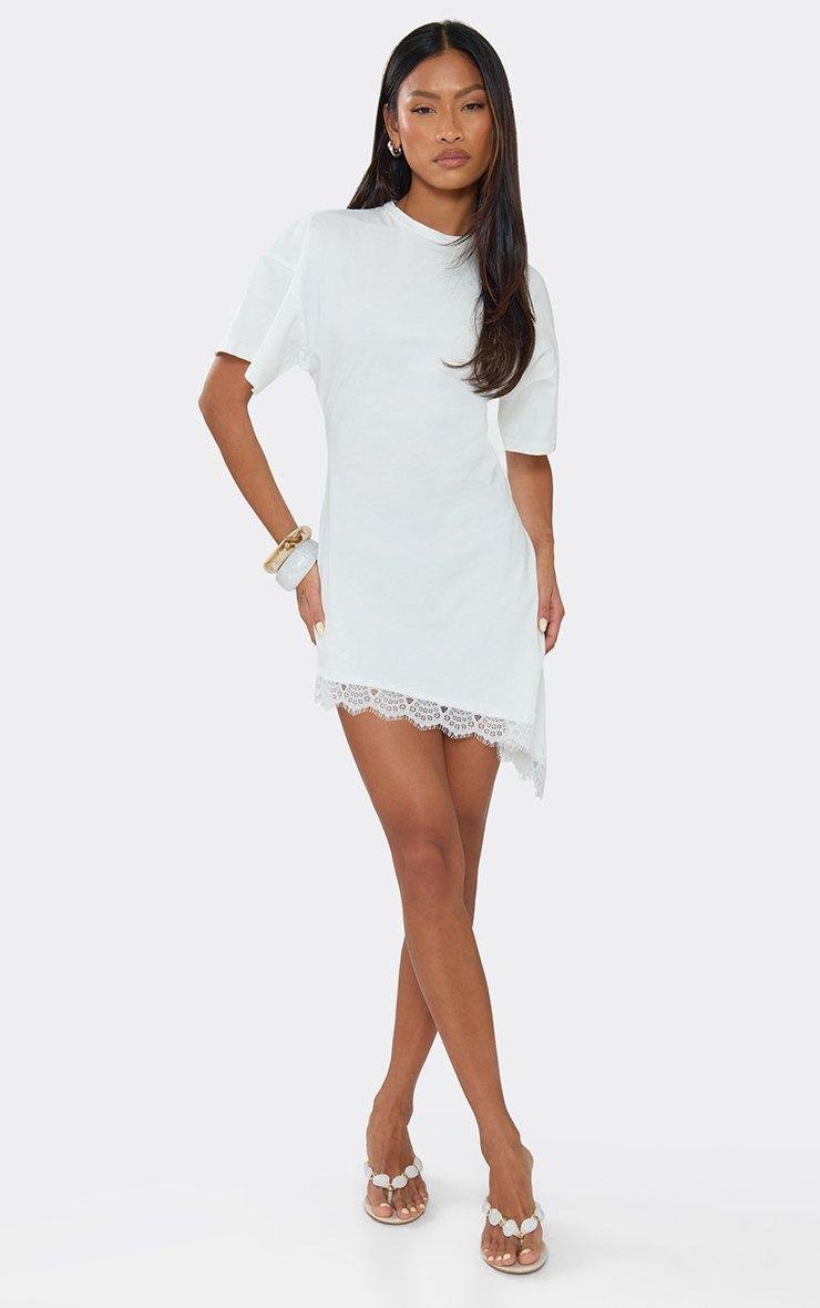 EGO Short Sleeve Cinched Waist Asymmetric Lace Hem T-Shirt Dress In White, Women's Size UK 6 - 2
