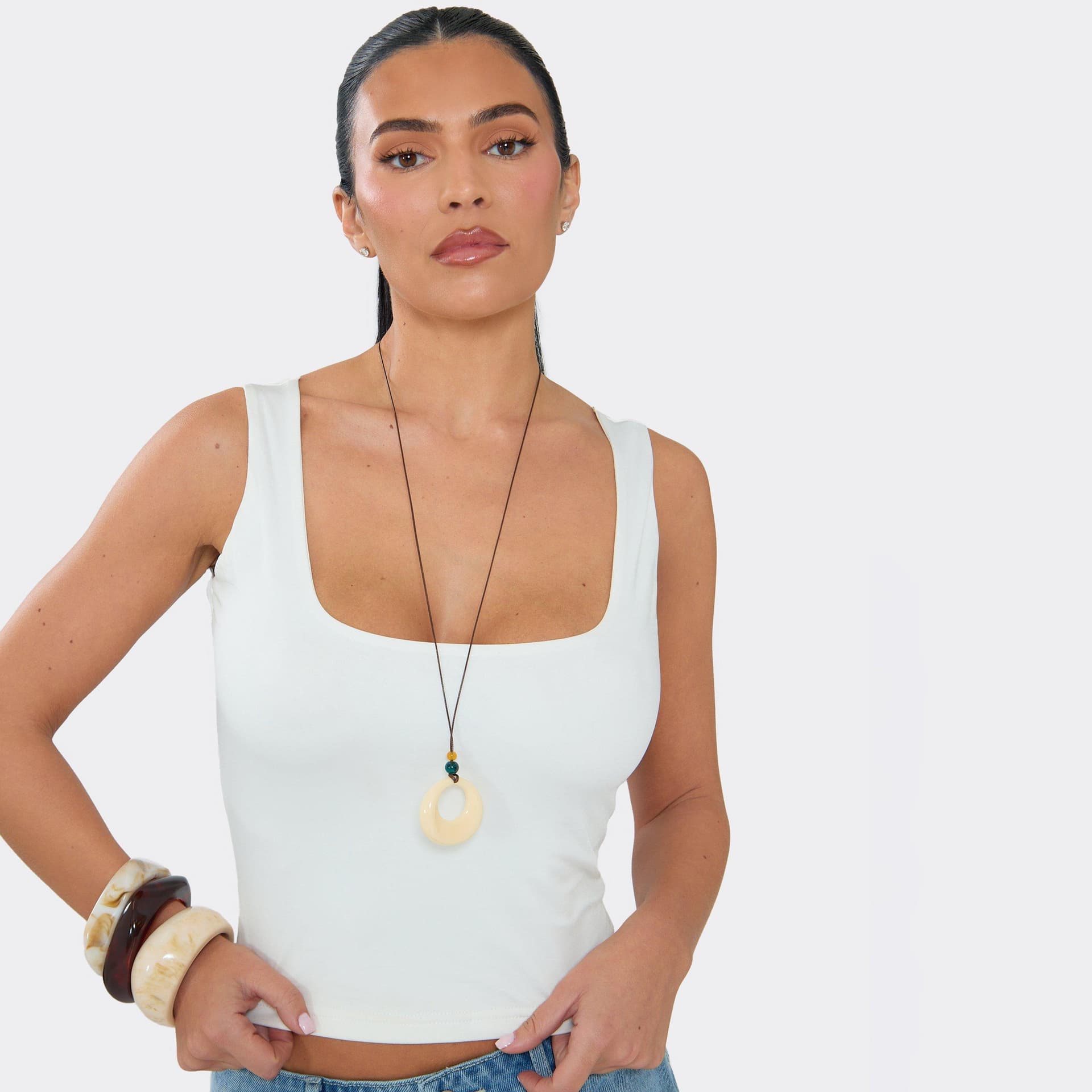 EGO Cream Resin Pendant Detail Beaded Long Rope Necklace In Brown, Women's Size UK 0