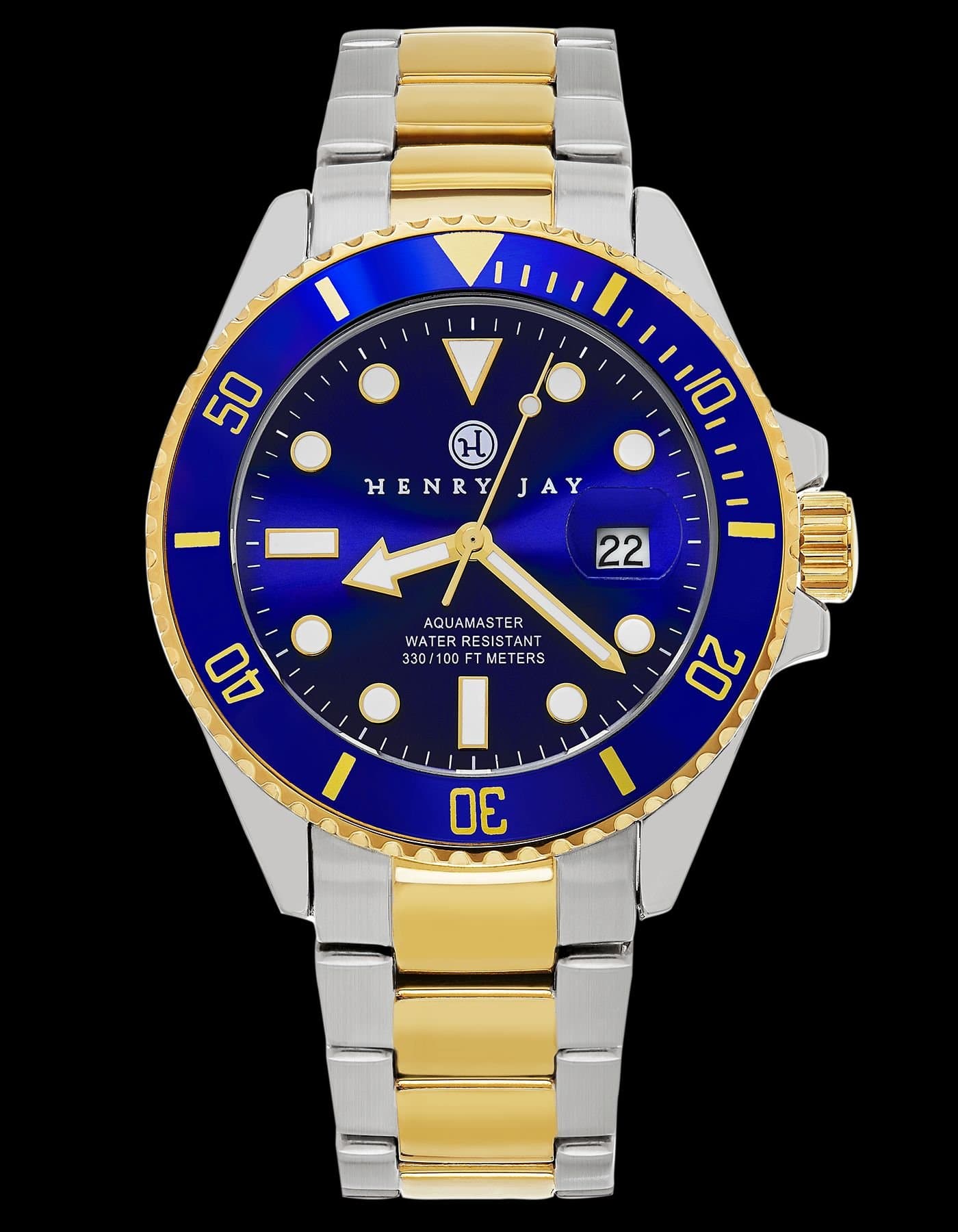Henry Jay Henry Jay Men's Analog Quartz 23K Gold Plated Two Tone Stainless Steel Aquamaster Dive Watch in Blue
