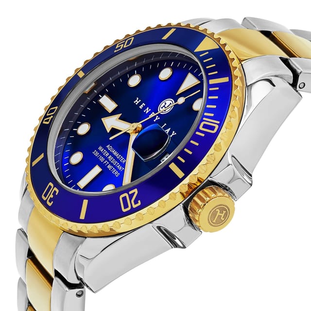 Henry Jay Henry Jay Men's Analog Quartz 23K Gold Plated Two Tone Stainless Steel Aquamaster Dive Watch in Blue - 2