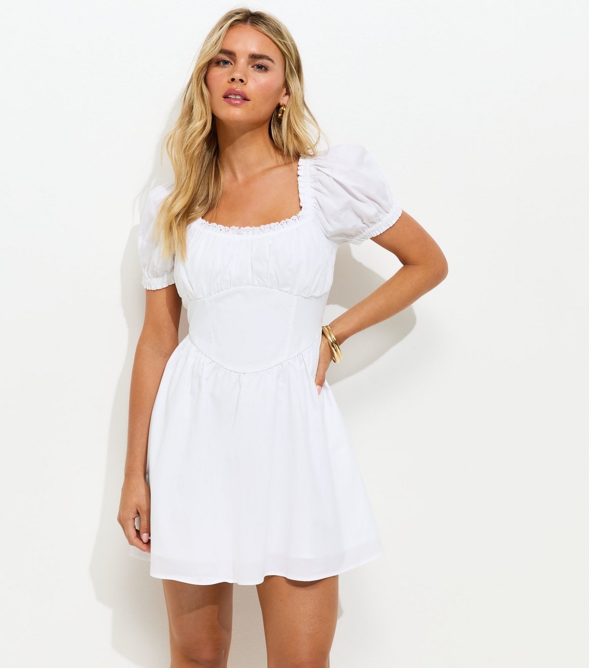 New Look Women's Petite White Lace Trim Milkmaid Corset Waist Mini Dress New Look - 1