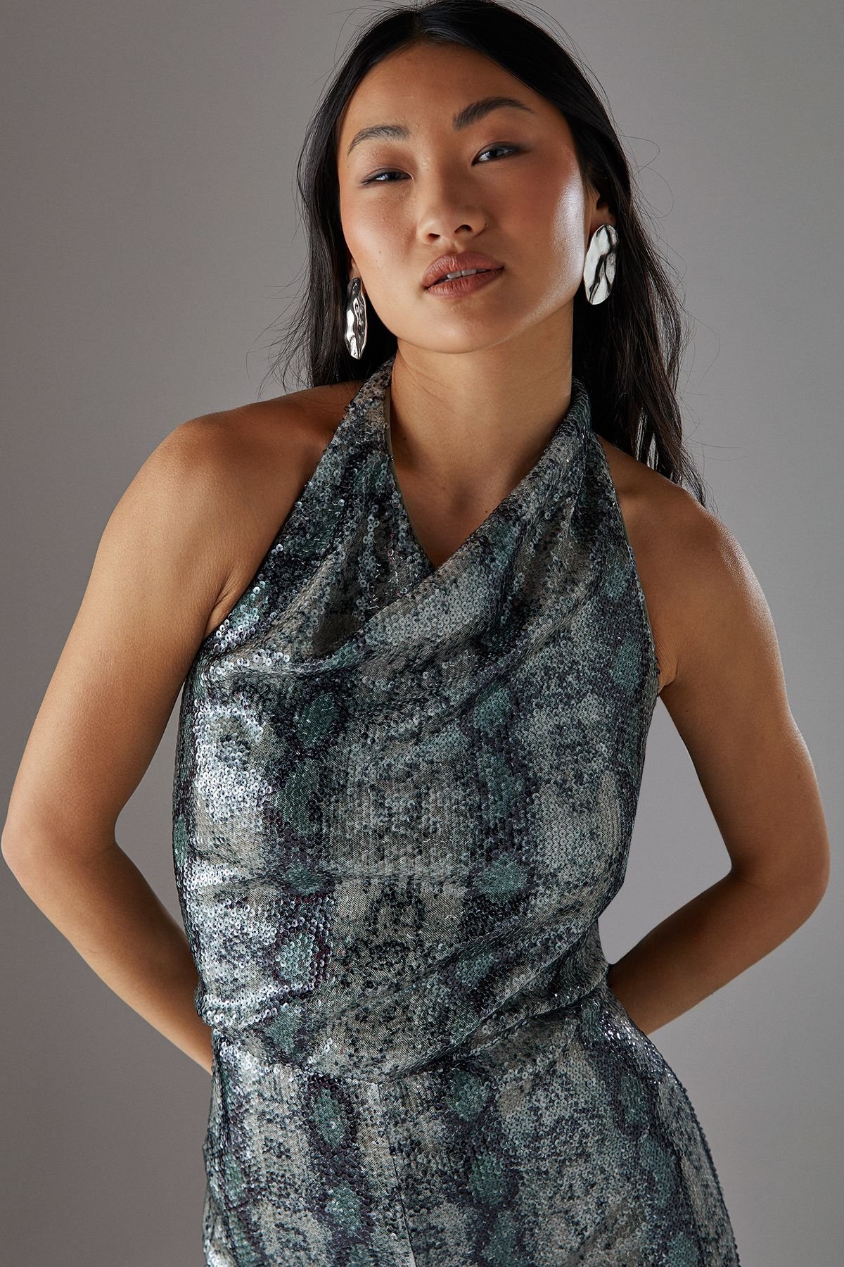 Warehouse Warehouse Women's Petite Snake Sequin Cowl Neck Drop Waist Jumpsuit in Green - 3