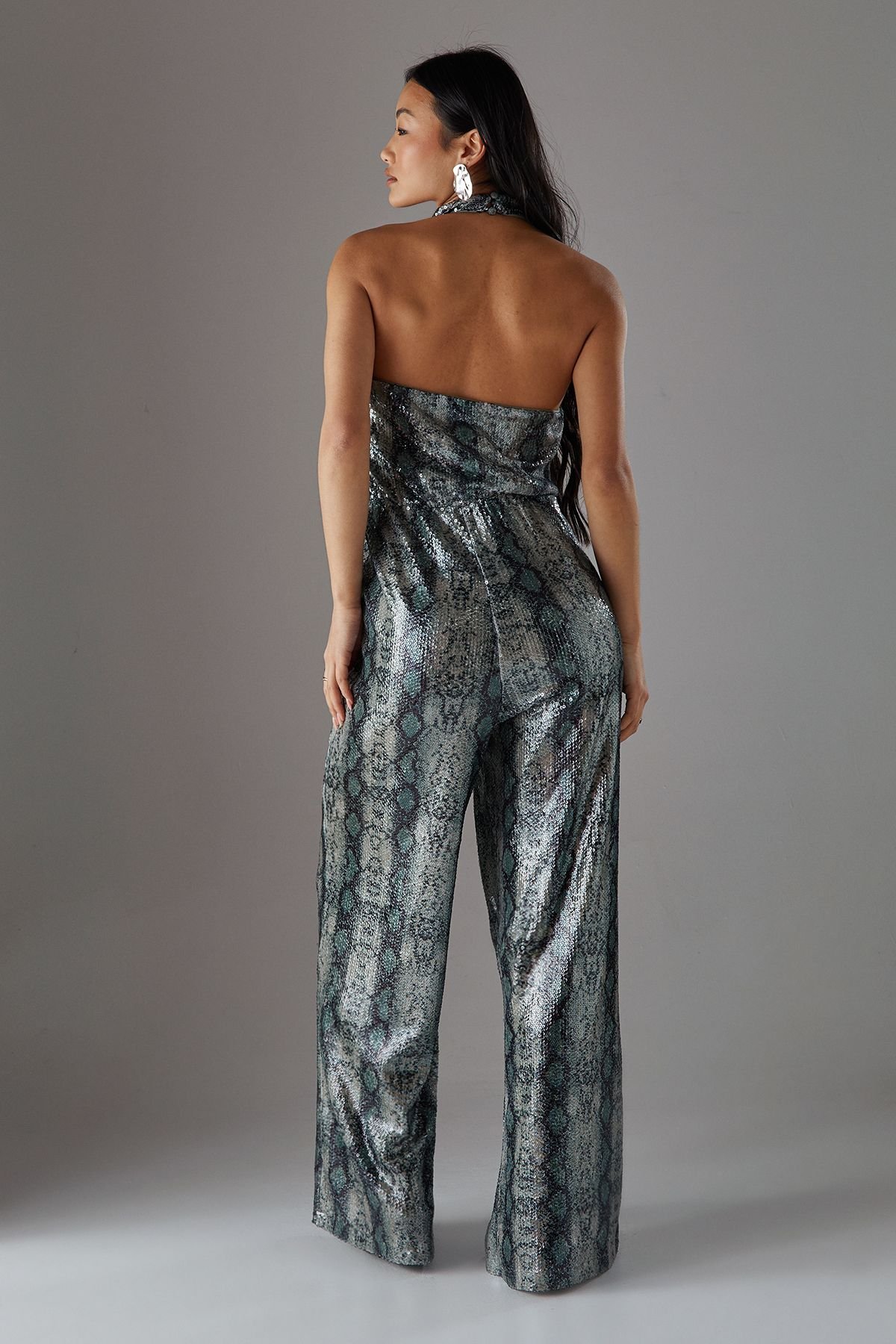 Warehouse Warehouse Women's Petite Snake Sequin Cowl Neck Drop Waist Jumpsuit in Green - 4