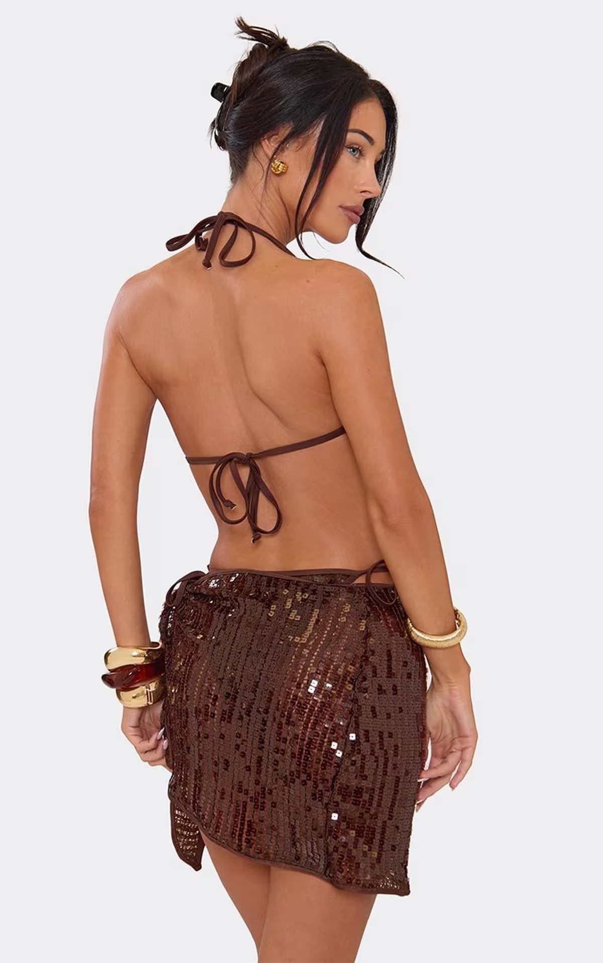 EGO Tie Side Wrap Sarong Skirt In Brown Sequin, Women's Size UK XS