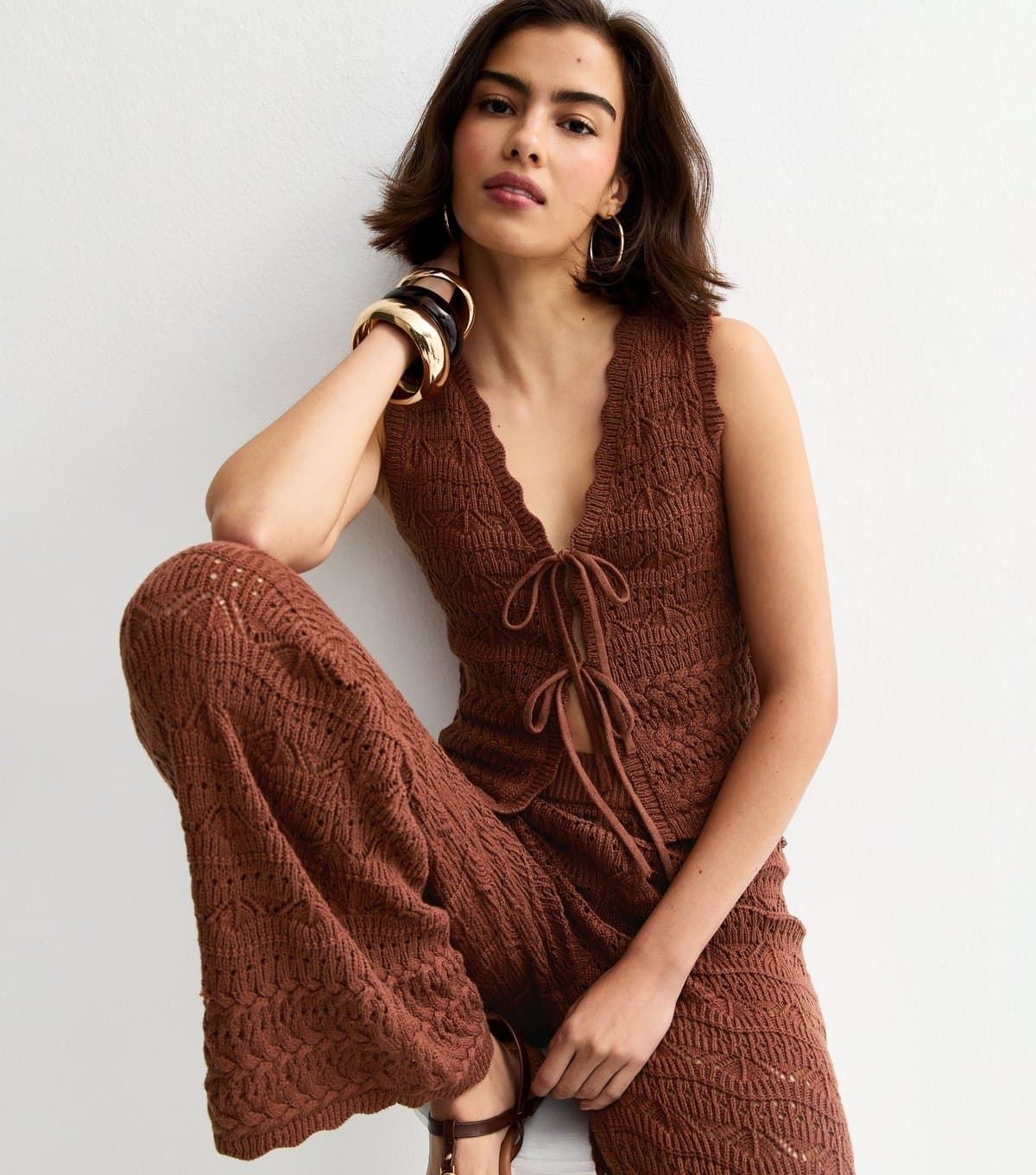 New Look Women's Brown Cotton Rich Wave Stitchy Tie Waistcoat New Look