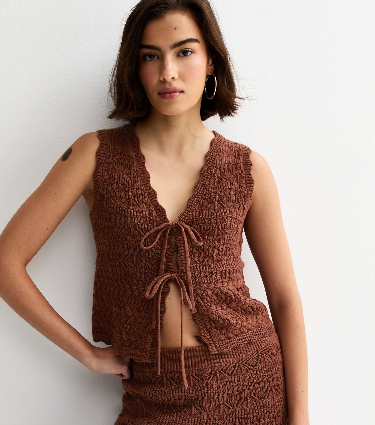 New Look Women's Brown Cotton Rich Wave Stitchy Tie Waistcoat New Look - 2