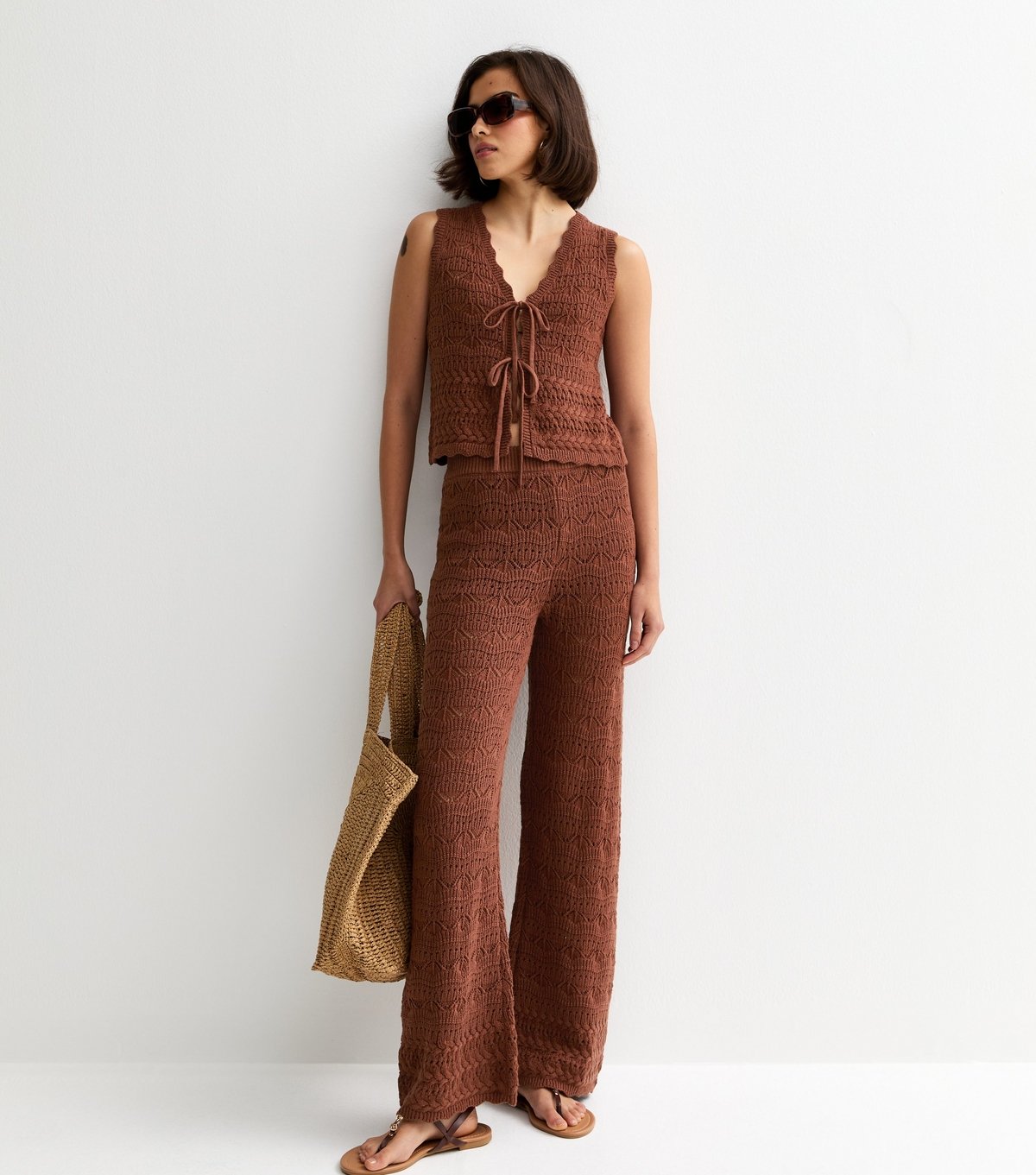 New Look Women's Brown Cotton Rich Wave Stitchy Tie Waistcoat New Look - 3