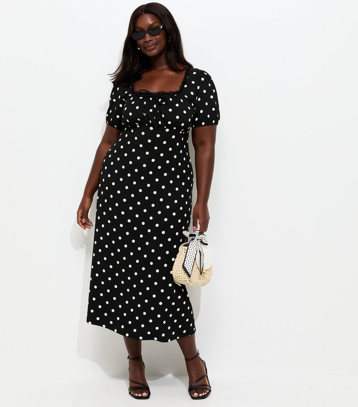 New Look Women's Plus Size Black Spot Print Milkmaid Midi Dress Curves New Look