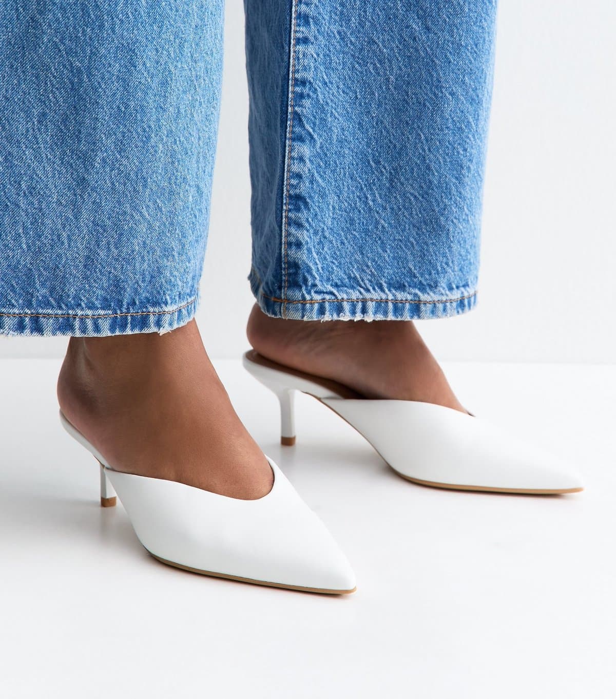 New Look Women's White Faux Leather V-Cut Mules Vegan New Look