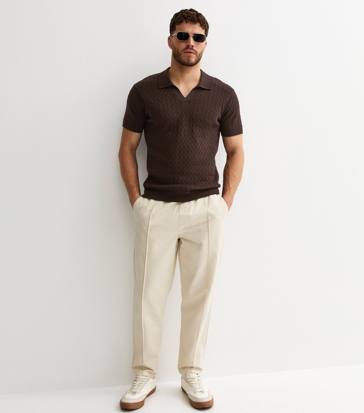 New Look Men's Dark Brown Cable Knit Collared Polo Shirt New Look - 2