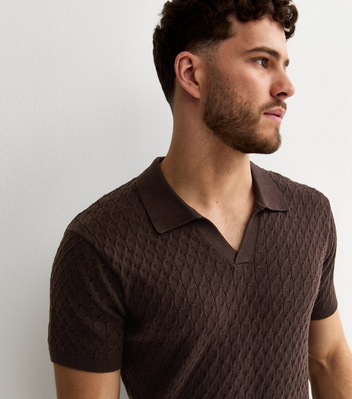New Look Men's Dark Brown Cable Knit Collared Polo Shirt New Look - 3