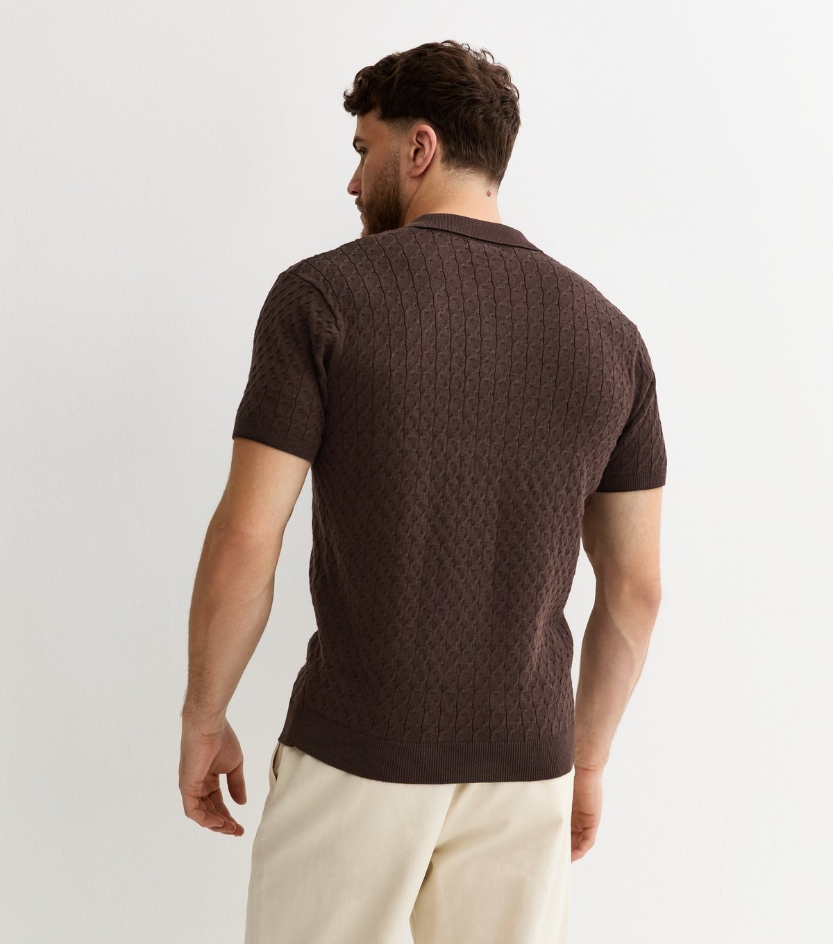 New Look Men's Dark Brown Cable Knit Collared Polo Shirt New Look - 4