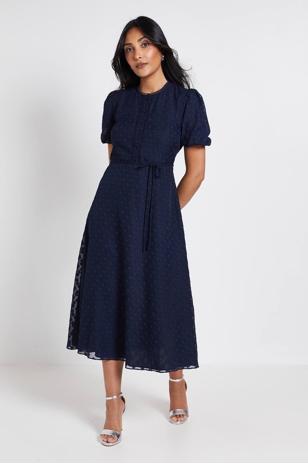 Wallis Wallis Women's Petite 3D Floral Button Midi Dress in Navy - 2