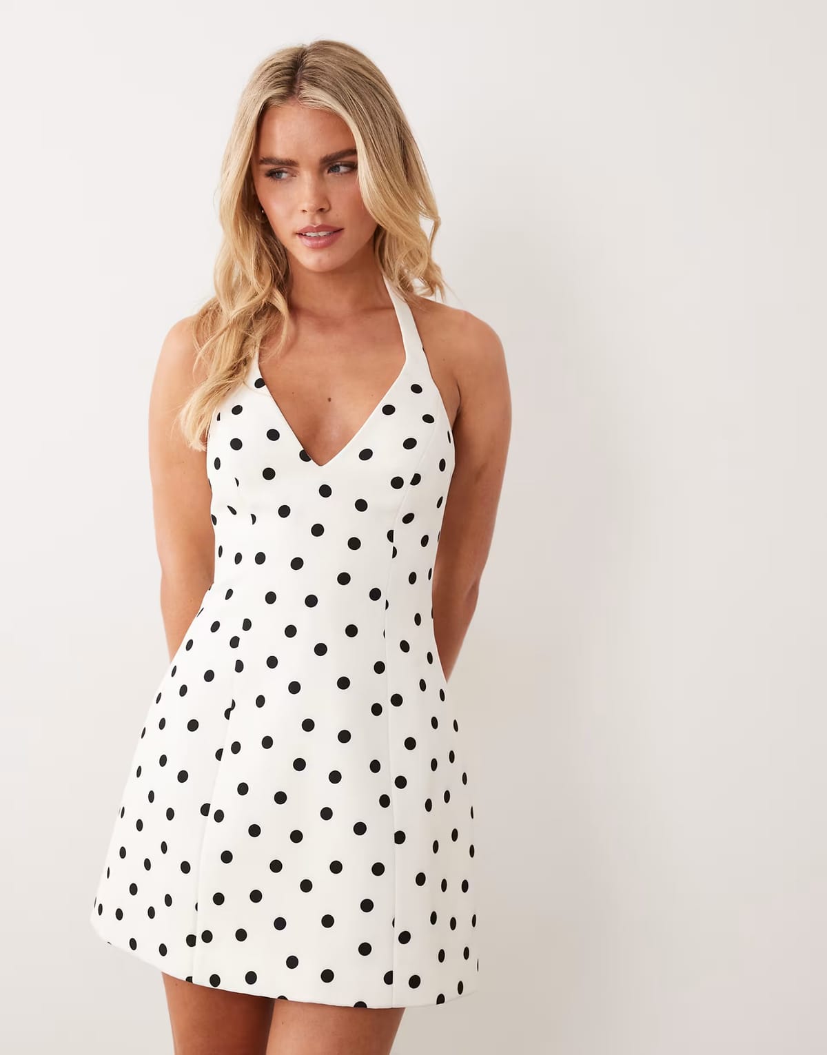 ASOS Forever New Petite crepe halter mini dress in porcelain spot - 1