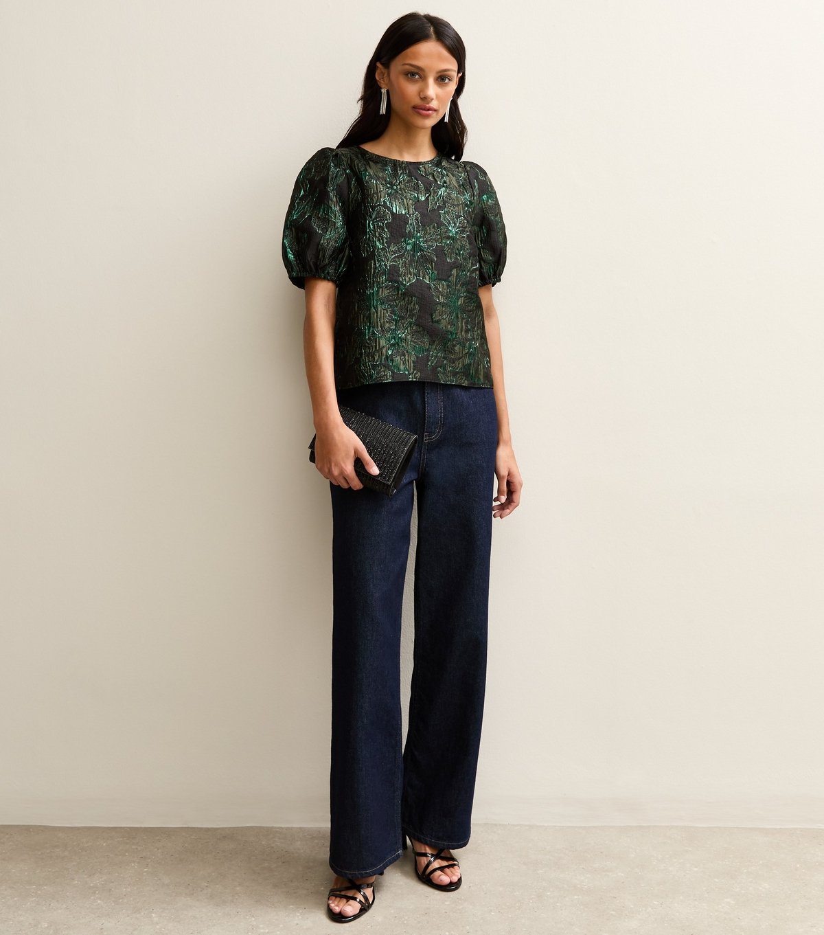 New Look Women's Dark Green Floral Jacquard Short Sleeve Top New Look - 4