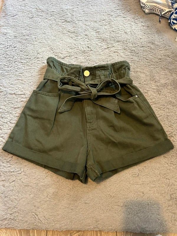 River Island River island dark green denim paper bag waist elastic belt tie shorts size 6