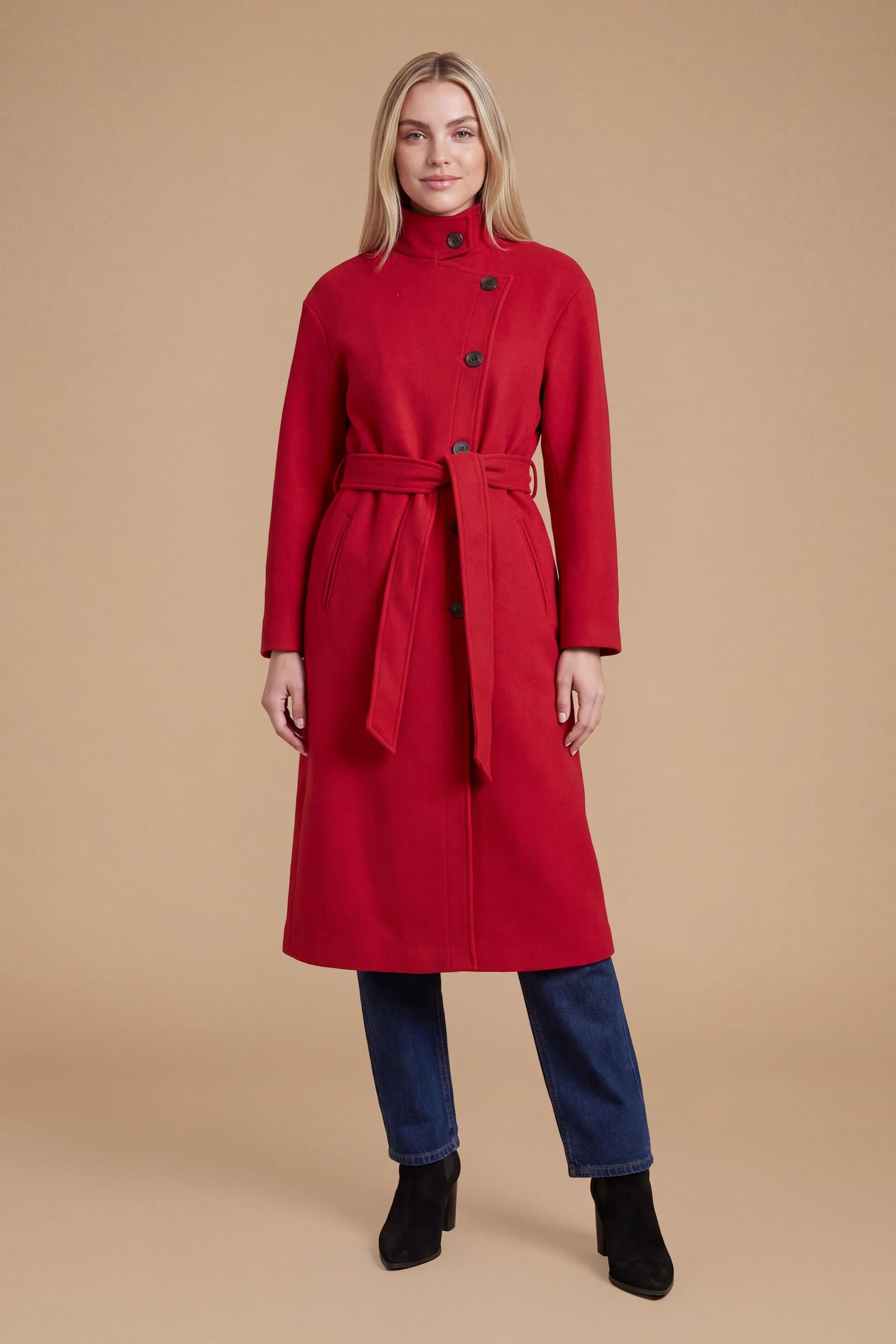 Dorothy Perkins Dorothy Perkins Women's Funnel Neck Belted Wool Look Coat in Red