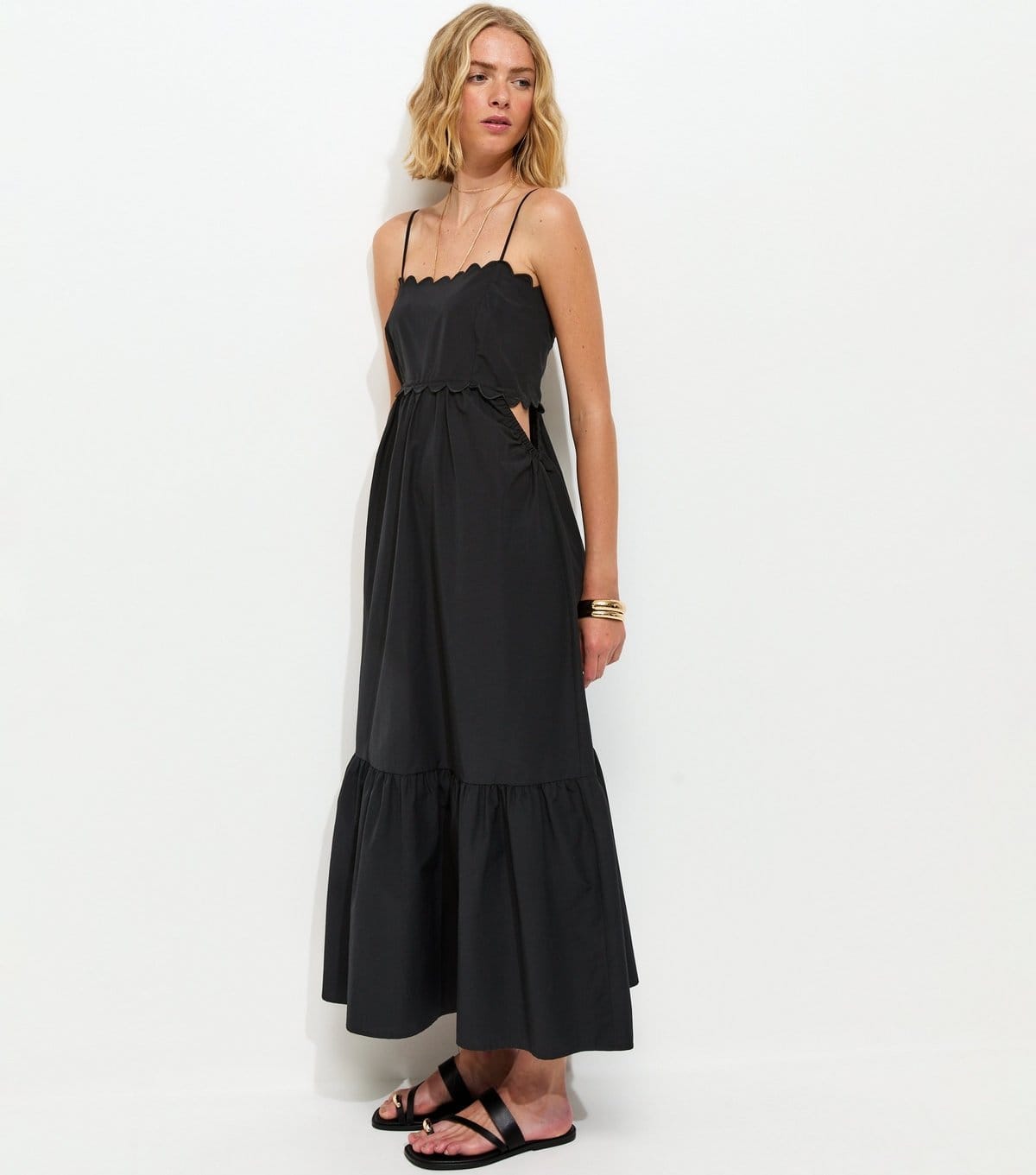 New Look Black Scalloped Edge Strappy Poplin Midi Dress