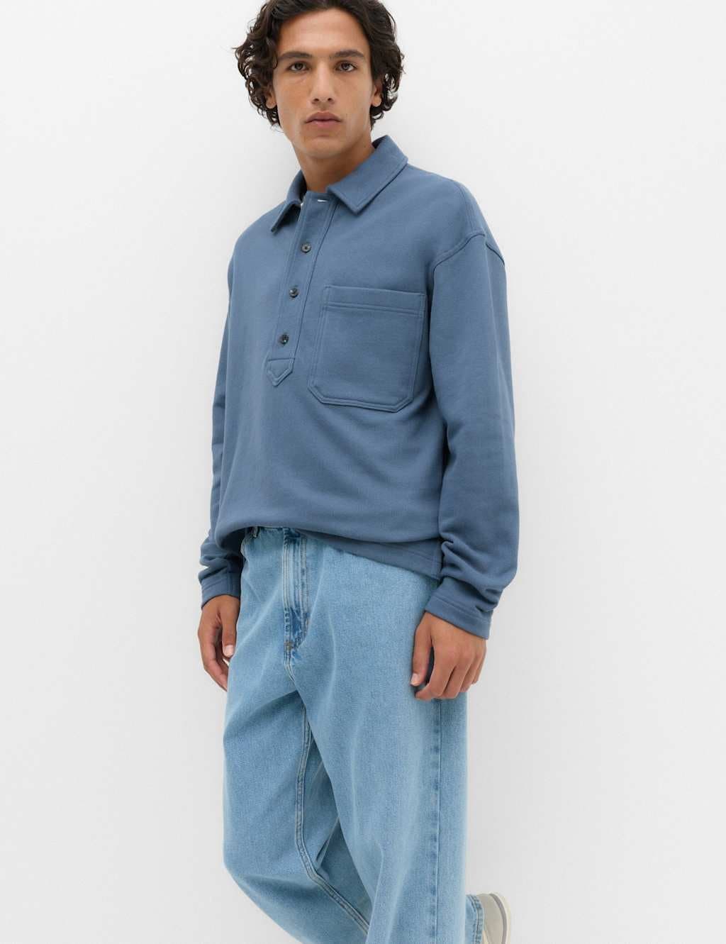 Marks & Spencer M&S Pure Cotton Heavyweight Long Sleeve Polo Shirt Dusty Blue