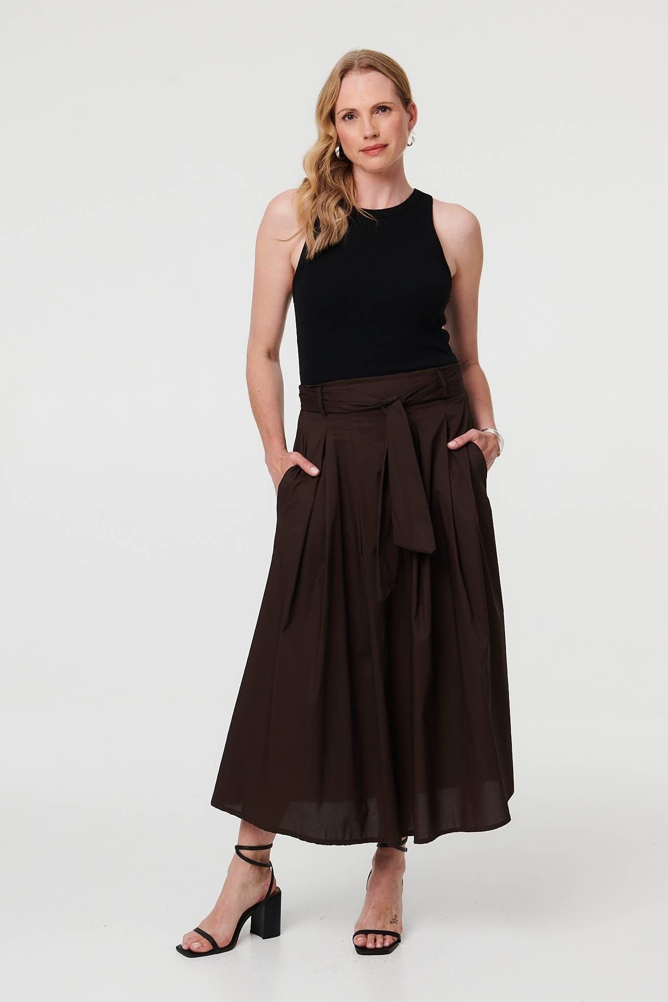 Izabel London Izabel London Women's Tie High Waist Ruched Maxi Skirt in Brown