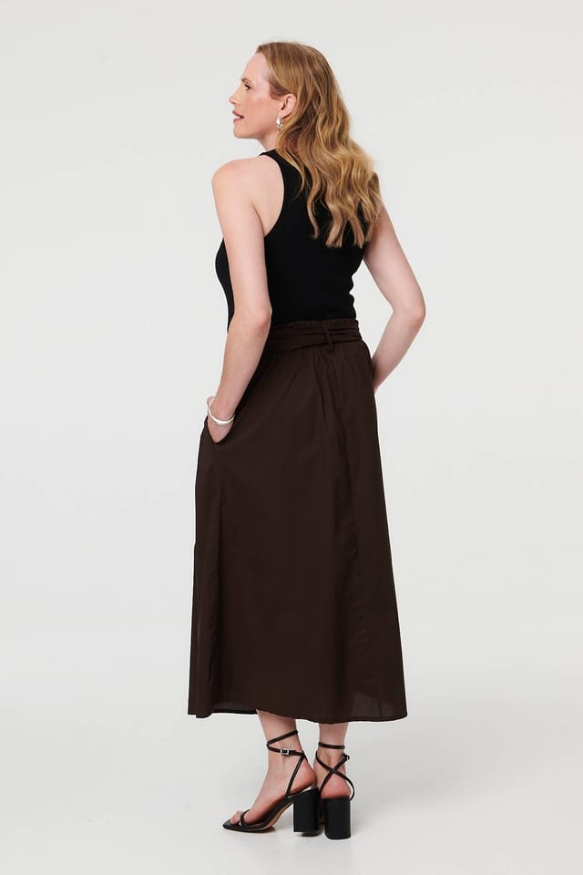 Izabel London Izabel London Women's Tie High Waist Ruched Maxi Skirt in Brown - 3