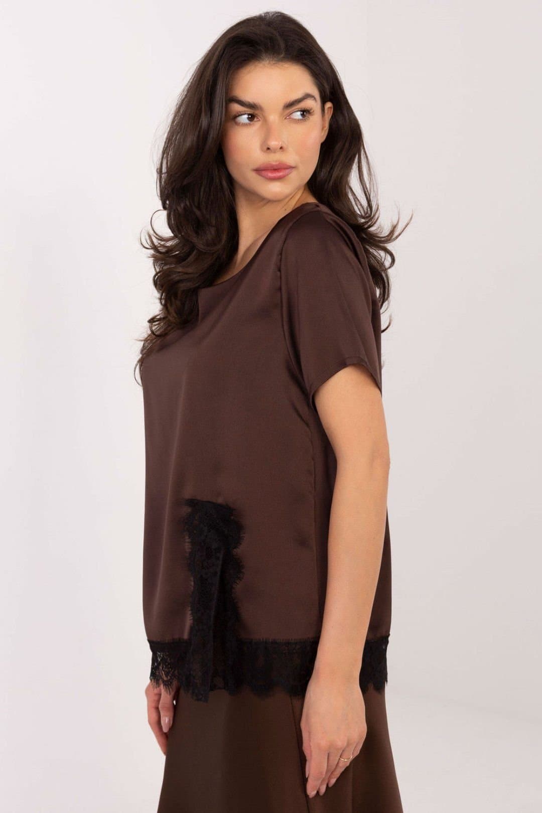 Love Lace Love Lace Women's Elegant Lace Trim Polyester Elastane Blouse in Brown