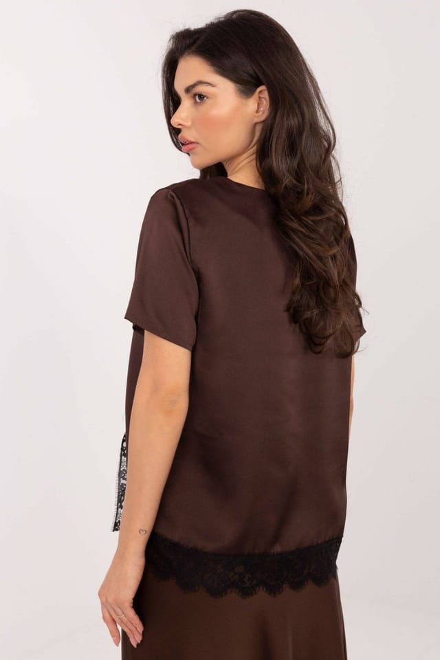 Love Lace Love Lace Women's Elegant Lace Trim Polyester Elastane Blouse in Brown - 3