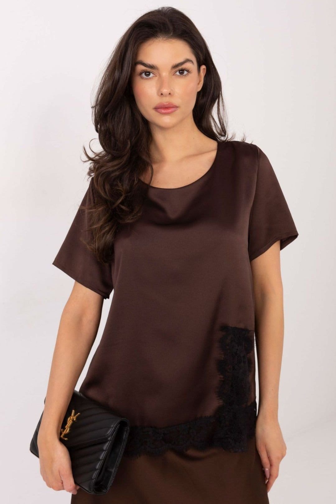 Love Lace Love Lace Women's Elegant Lace Trim Polyester Elastane Blouse in Brown - 4
