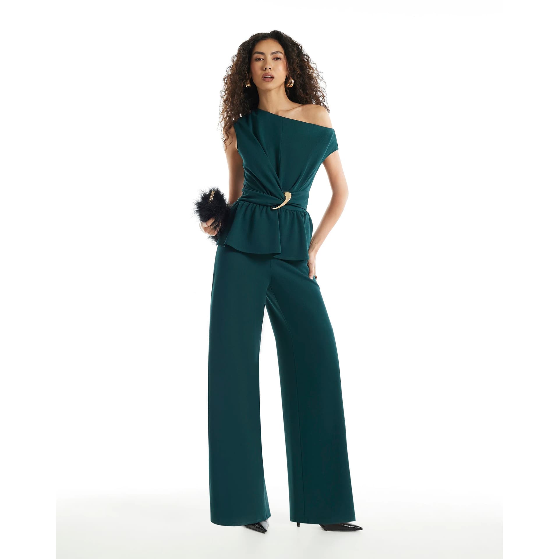 River Island River Island Womens Green One Shoulder Buckle Detail Jumpsuit