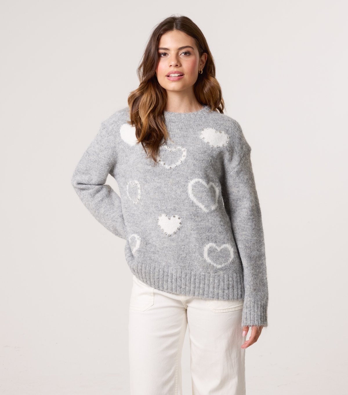 Blue Vanilla Women's Grey Heart Pattern Embellished Jumper Blue Vanilla New Look - 3