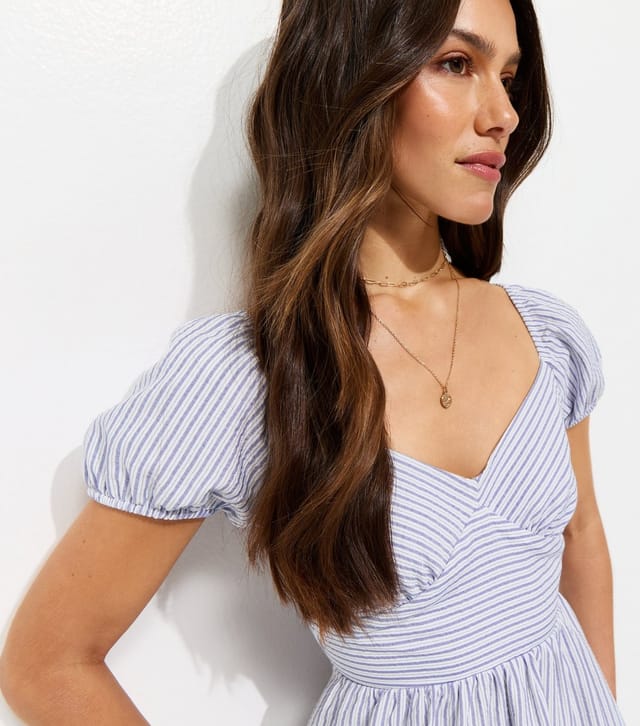 New Look Women's Petite Blue With Cotton Striped Puff Sleeve Mini Dress New Look - 2