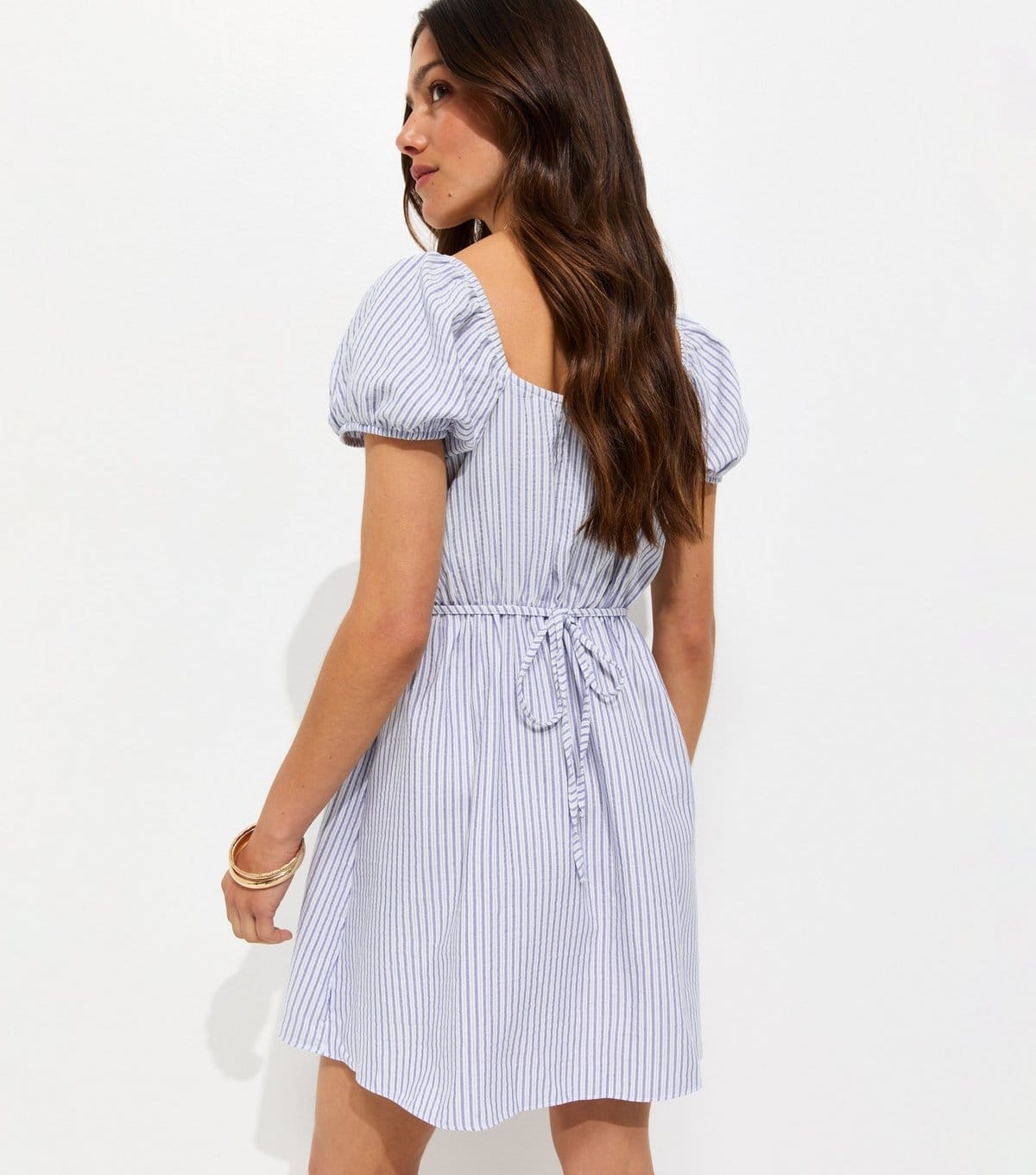 New Look Women's Petite Blue With Cotton Striped Puff Sleeve Mini Dress New Look - 4