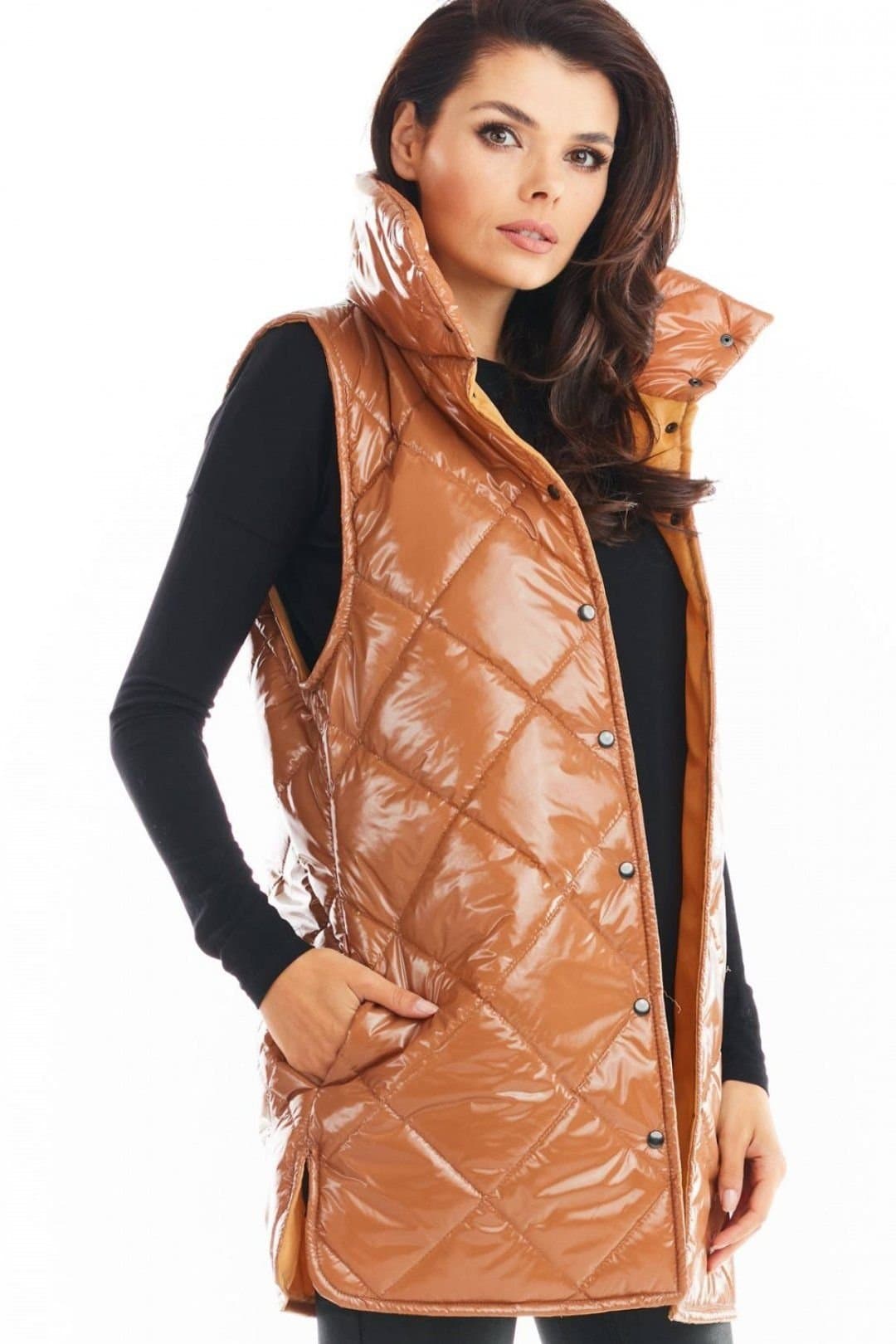 Love Lace Love Lace Women's Autumn Quilted High Collar Button Vest in Bronze