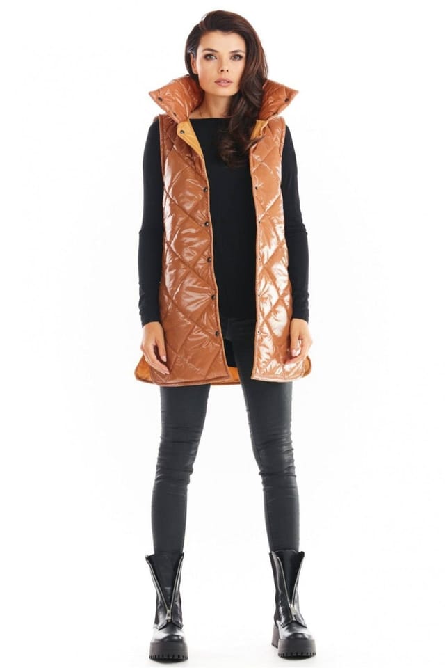 Love Lace Love Lace Women's Autumn Quilted High Collar Button Vest in Bronze - 2