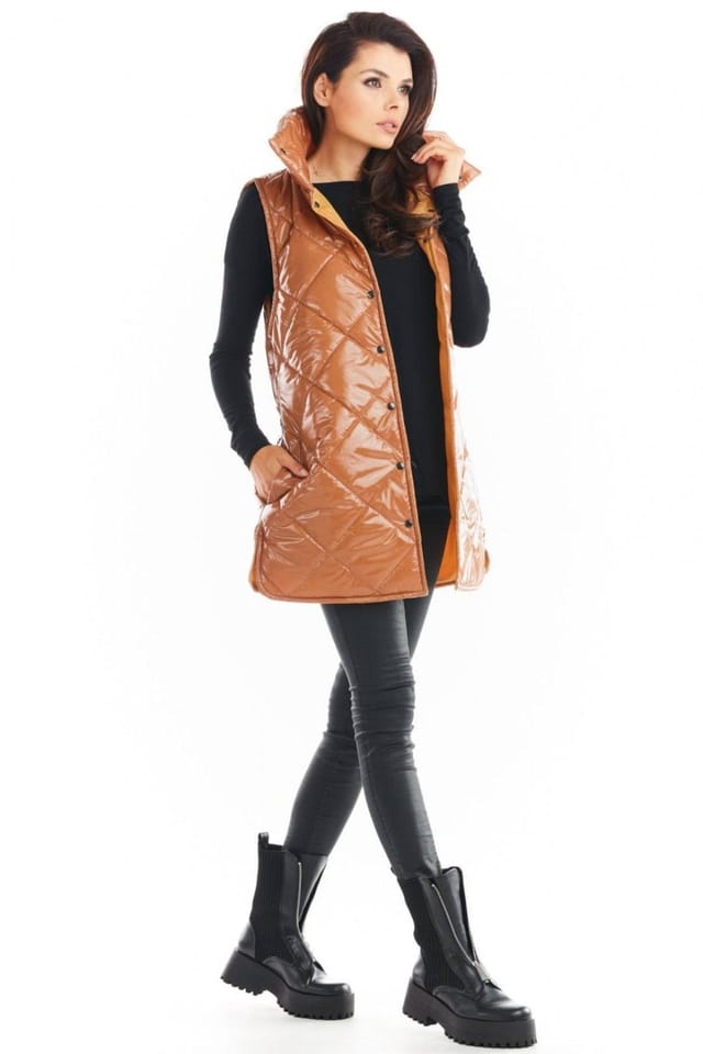 Love Lace Love Lace Women's Autumn Quilted High Collar Button Vest in Bronze - 3