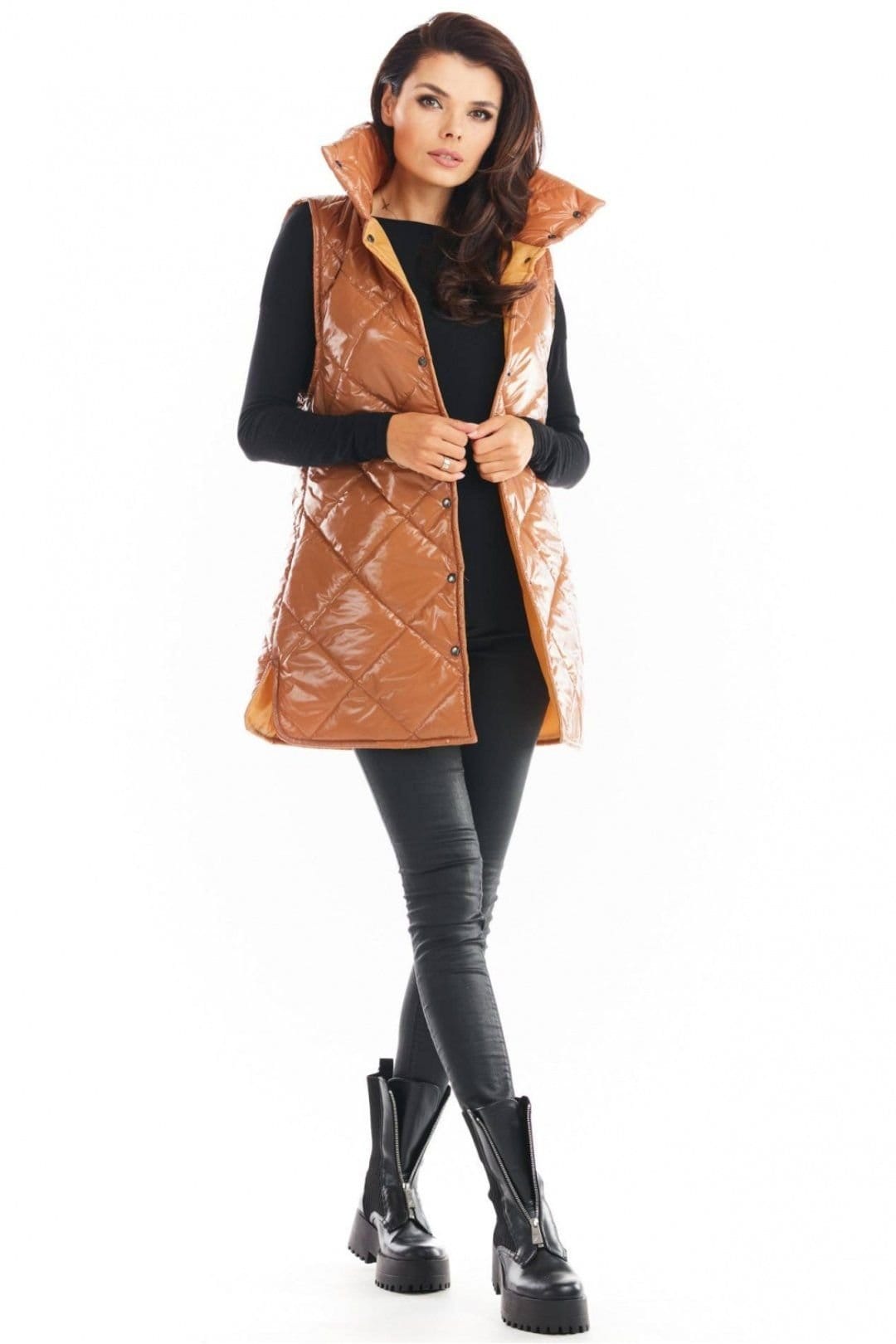 Love Lace Love Lace Women's Autumn Quilted High Collar Button Vest in Bronze - 4