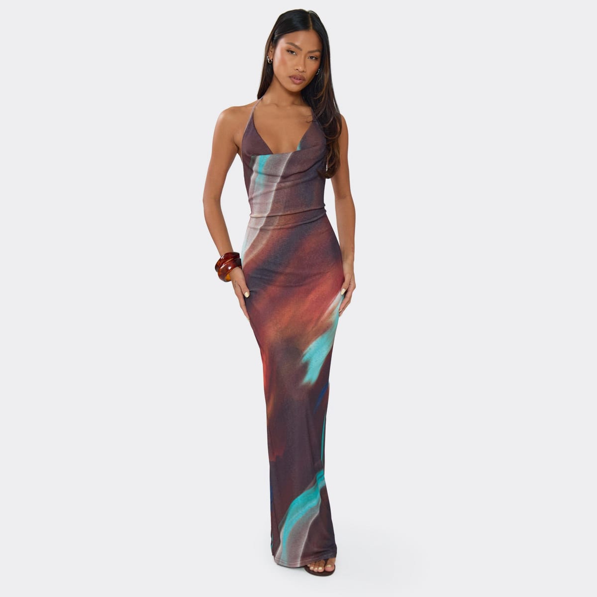 EGO Cowl Front Halterneck Maxi Dress In Brown Ombre Print, Women's Size UK 6 - 1