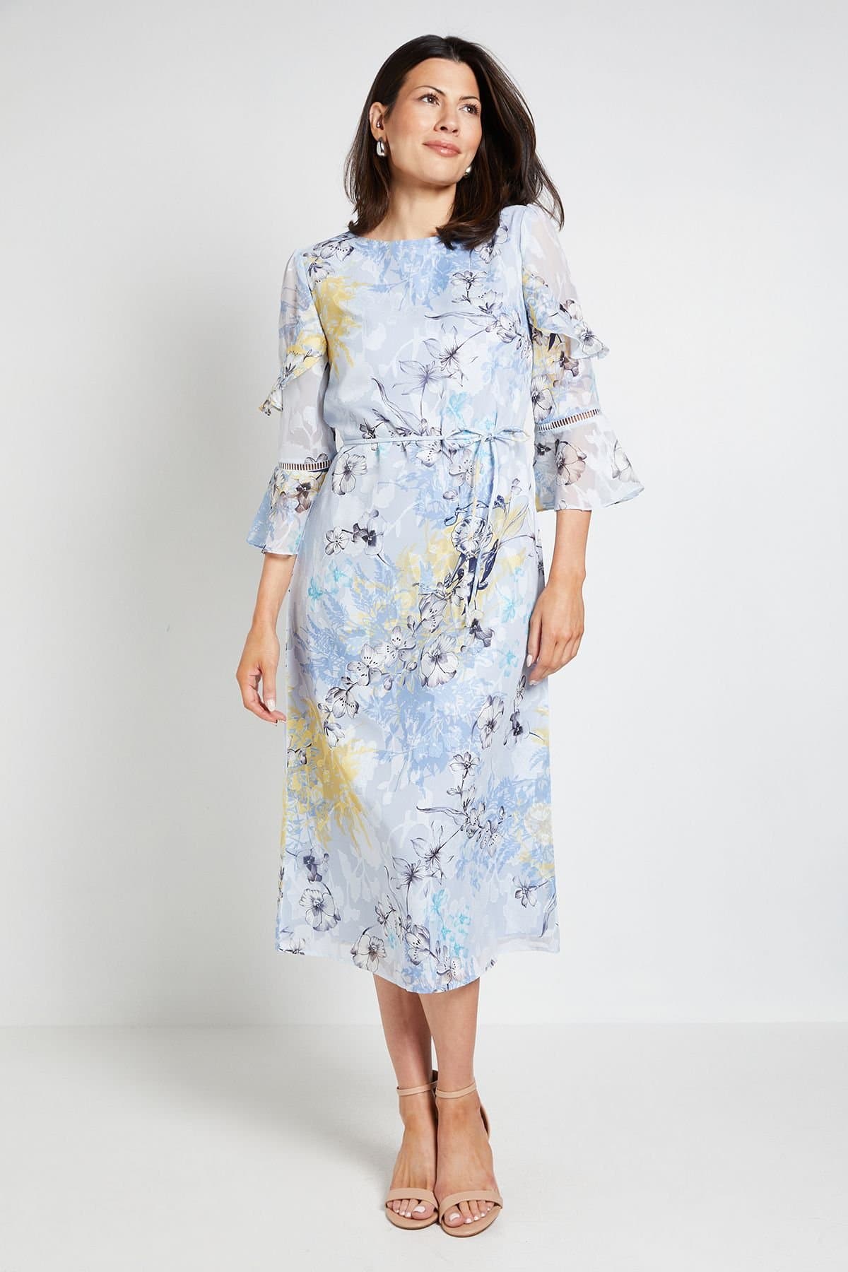 Wallis Wallis Women's Floral Burn Out Ruffle Midi Dress in Blue
