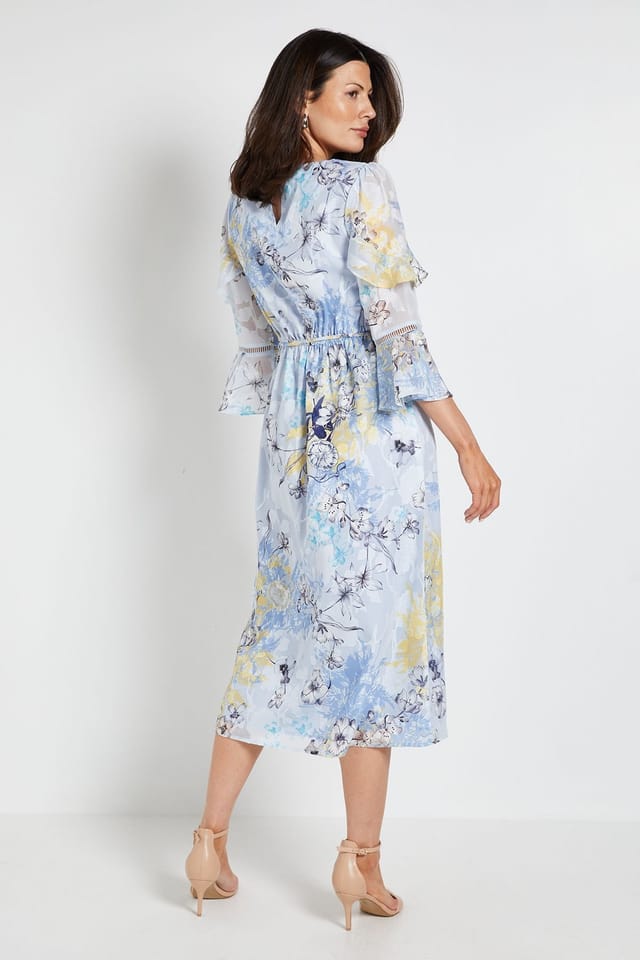 Wallis Wallis Women's Floral Burn Out Ruffle Midi Dress in Blue - 3