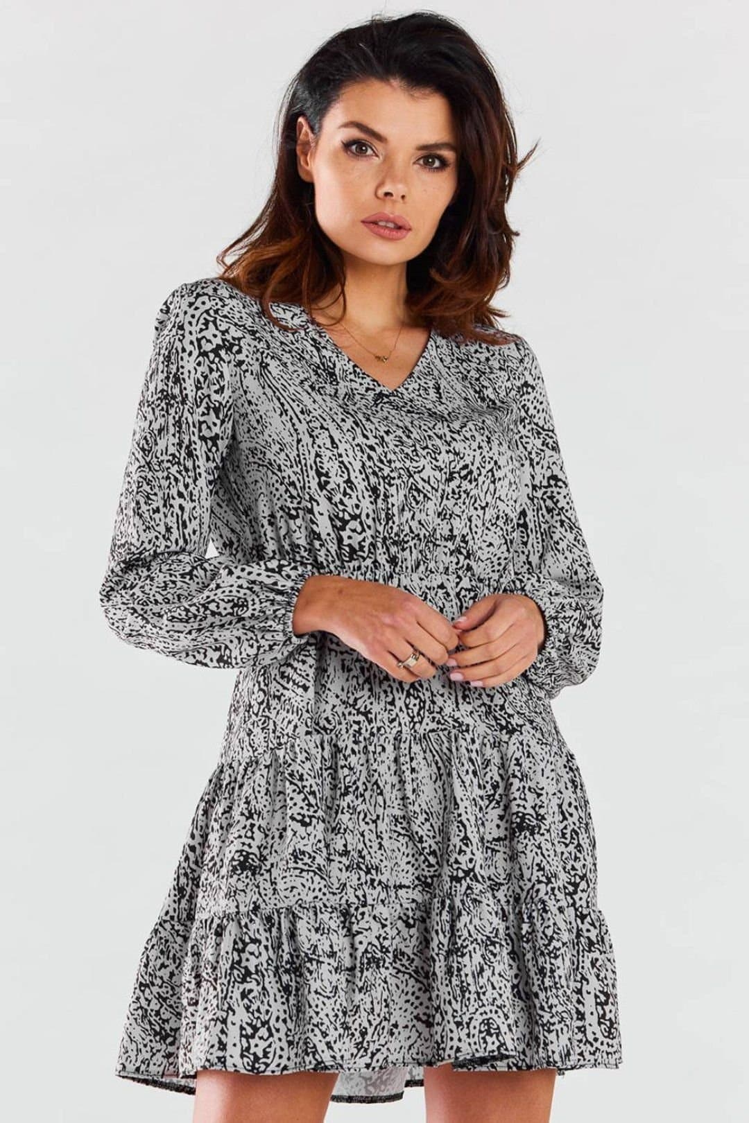 Love Lace Love Lace Women's Long Sleeve V Neck Mini Dress with Elastic Frills in Grey