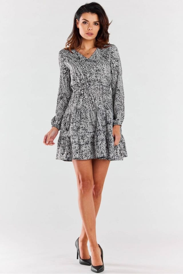 Love Lace Love Lace Women's Long Sleeve V Neck Mini Dress with Elastic Frills in Grey - 2