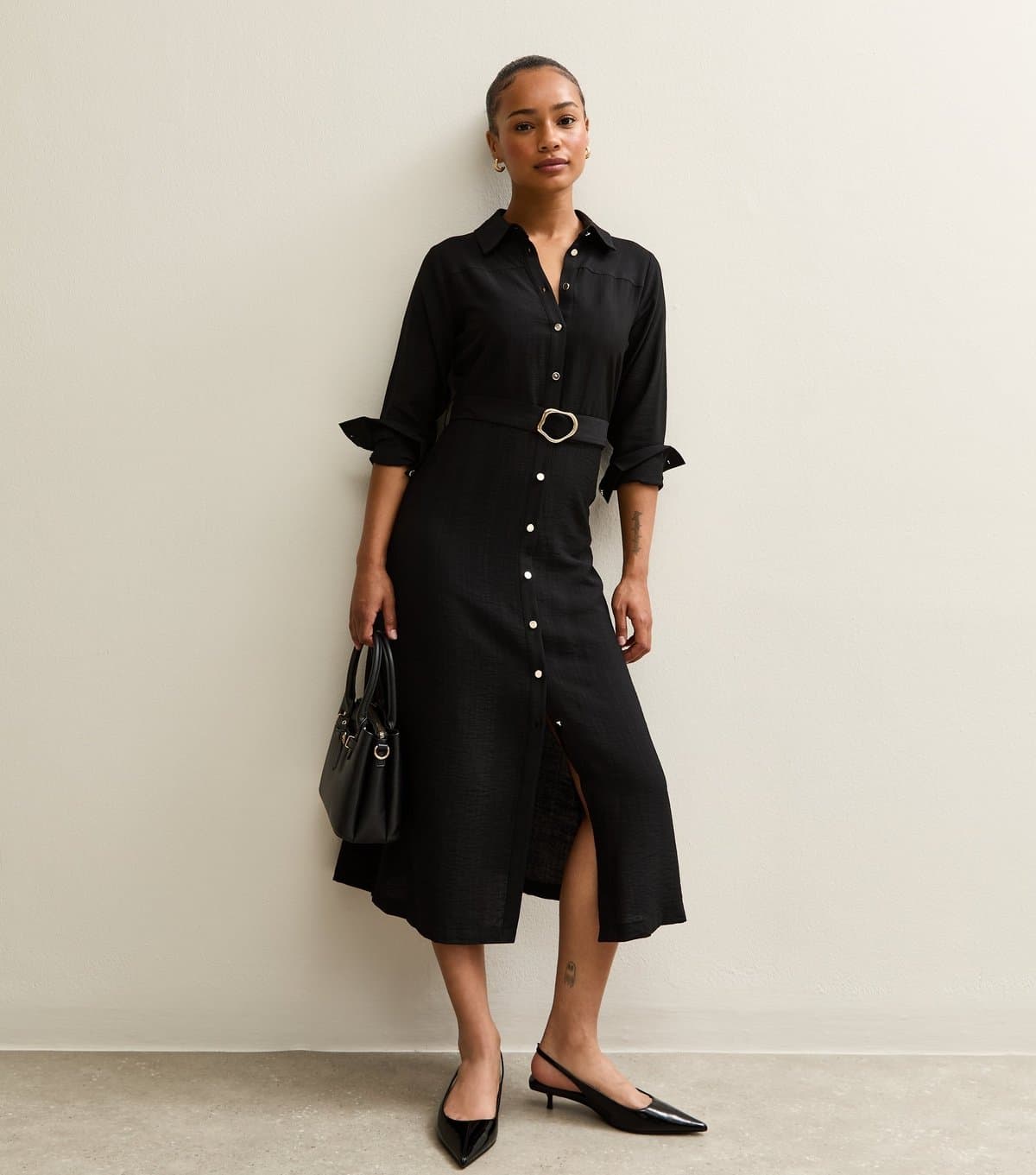New Look Women's Petite Black Long Sleeve Midi Belted Shirt Dress New Look