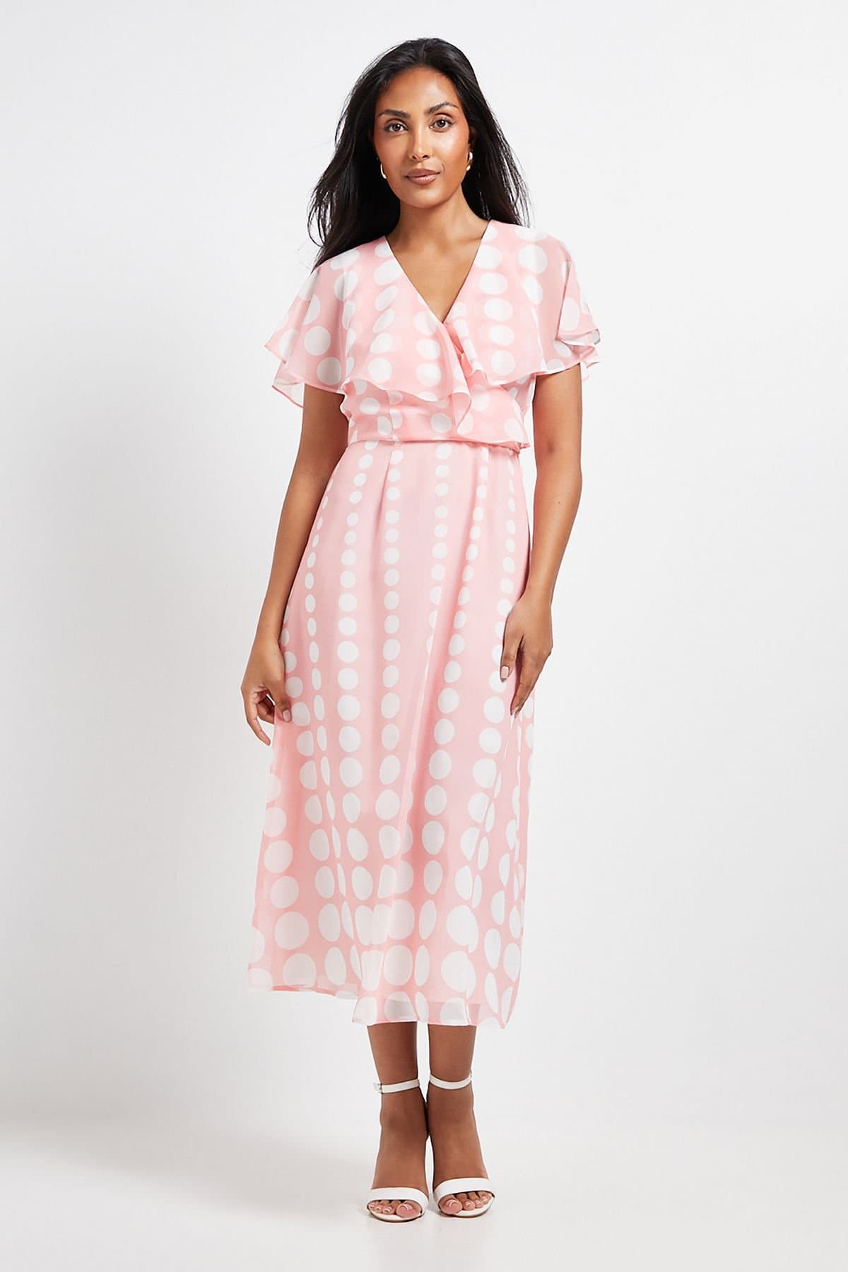 Wallis Wallis Women's Petite Chiffon Polka Dot Border Cape Sleeve Midi Dress in Blush